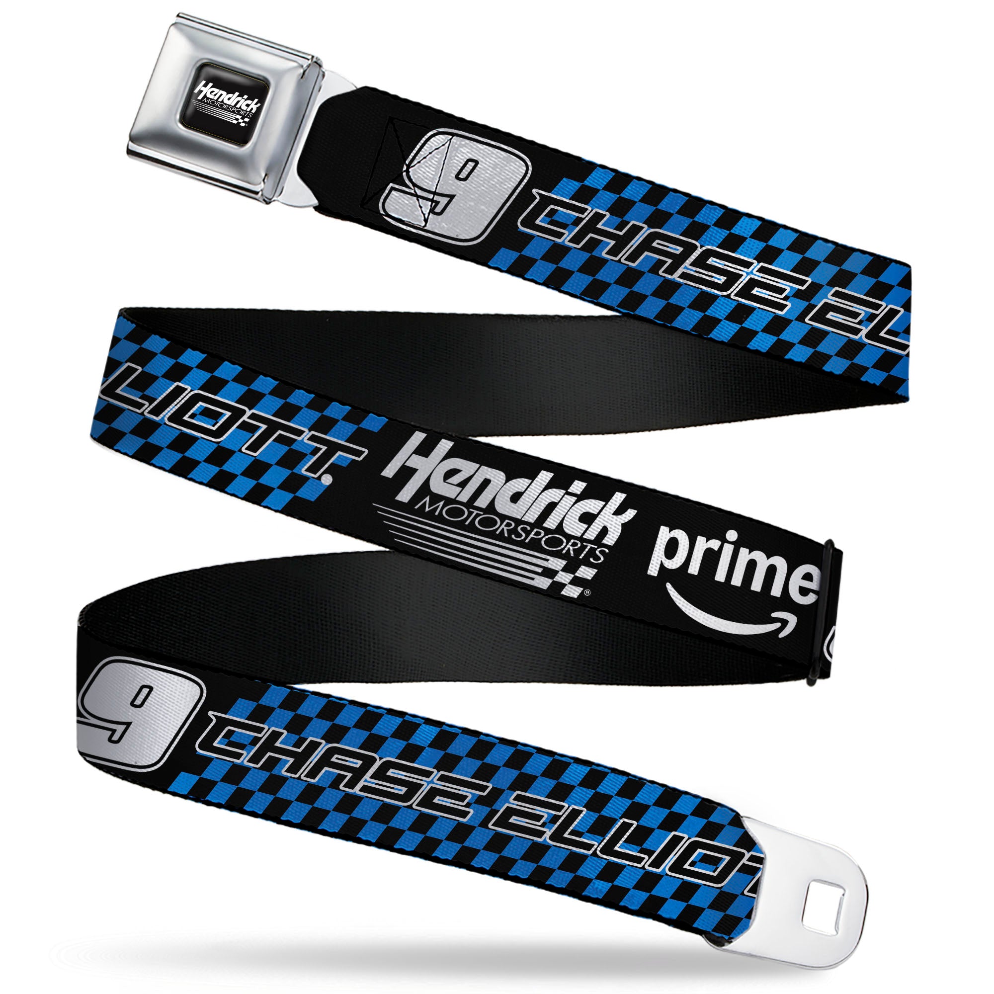 HENDRICK MOTORSPORTS Checker Logo Full Color Black/White Seatbelt Belt - CHASE ELLIOTT #9 PRIME Hendrick Motorsports Logo Black/White/Blue Webbing Seatbelt Belts Hendrick Motorsports