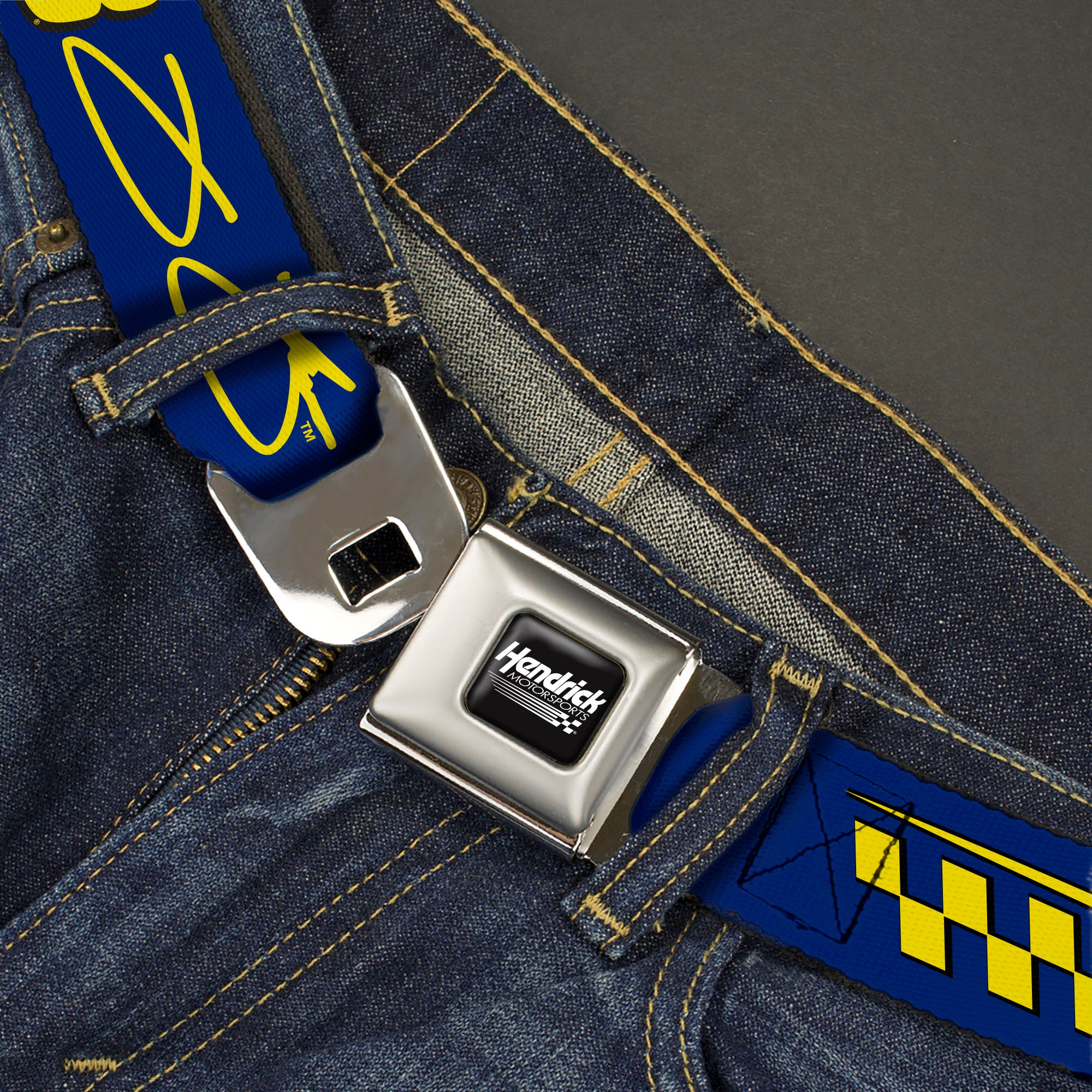 HENDRICK MOTORSPORTS Checker Logo Full Color Black/White Seatbelt Belt - Jimmie Johnson #48 Autograph Checker Blue/Yellow Webbing Seatbelt Belts Hendrick Motorsports