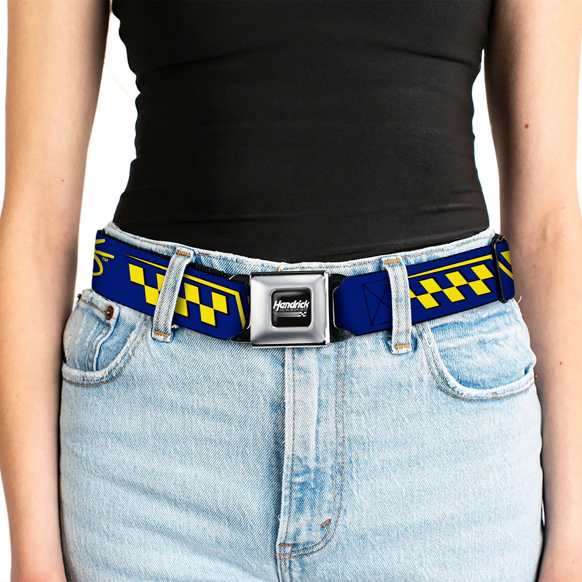 HENDRICK MOTORSPORTS Checker Logo Full Color Black/White Seatbelt Belt - Jimmie Johnson #48 Autograph Checker Blue/Yellow Webbing Seatbelt Belts Hendrick Motorsports