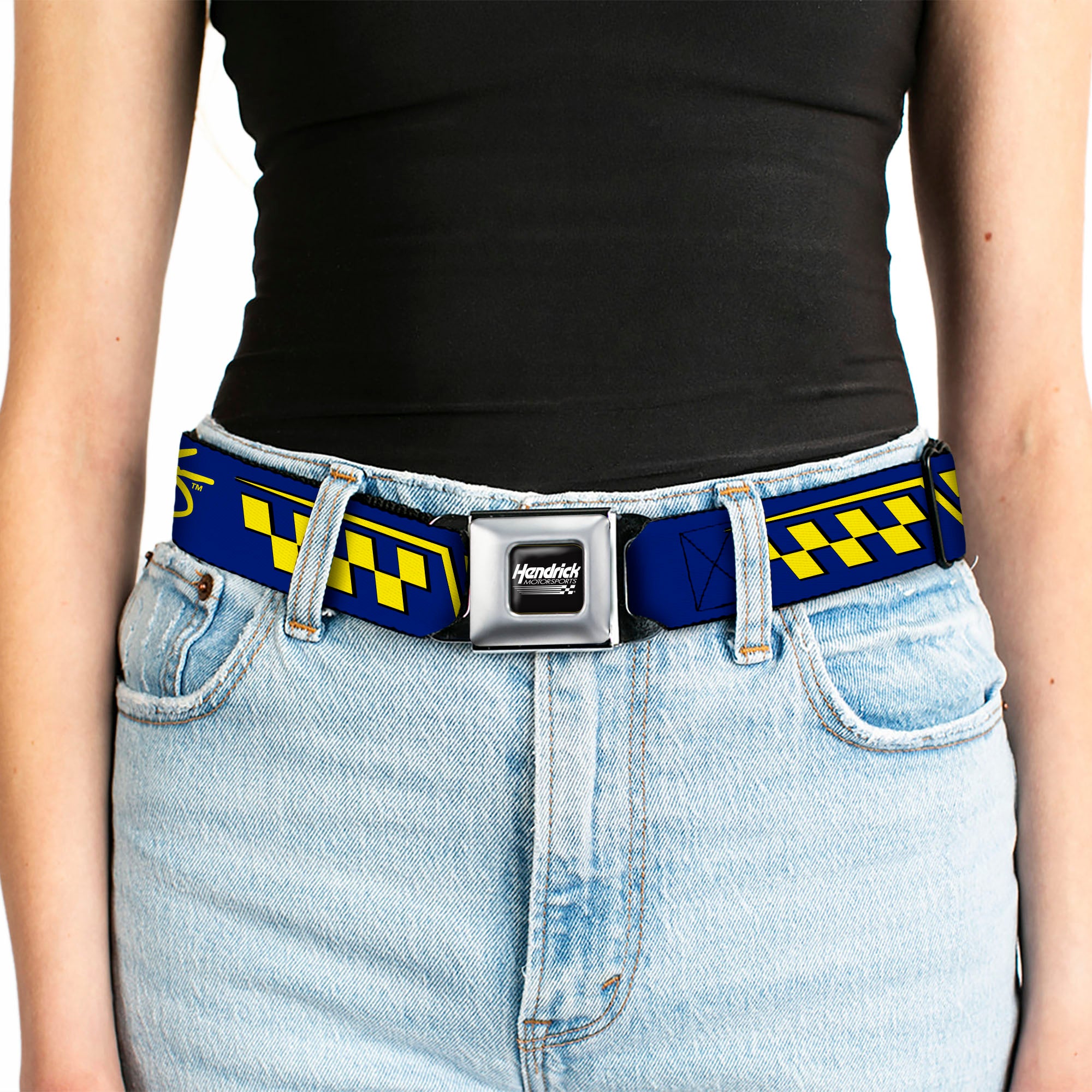 HENDRICK MOTORSPORTS Checker Logo Full Color Black/White Seatbelt Belt - Jimmie Johnson #48 Autograph Checker Blue/Yellow Webbing Seatbelt Belts Hendrick Motorsports