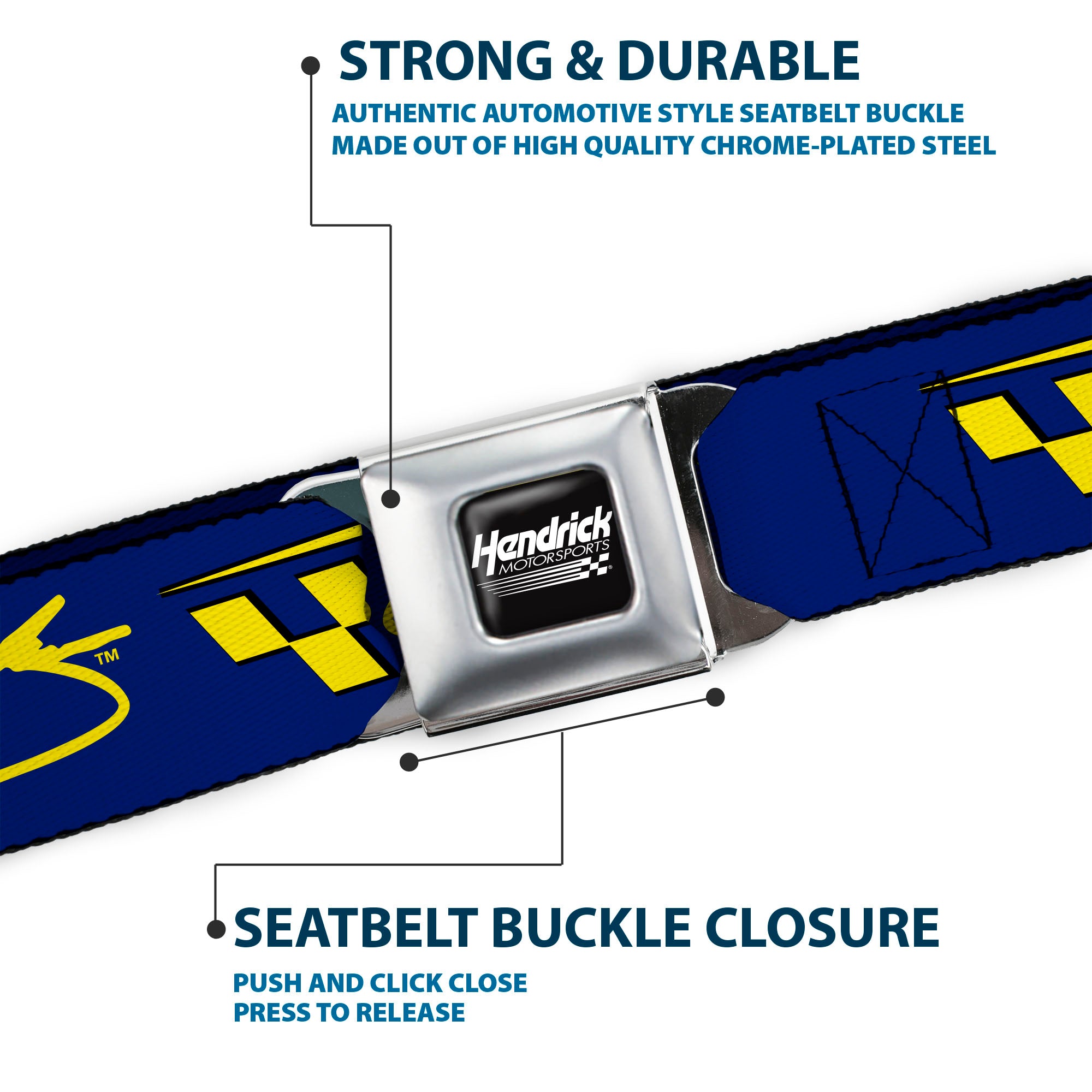 HENDRICK MOTORSPORTS Checker Logo Full Color Black/White Seatbelt Belt - Jimmie Johnson #48 Autograph Checker Blue/Yellow Webbing Seatbelt Belts Hendrick Motorsports
