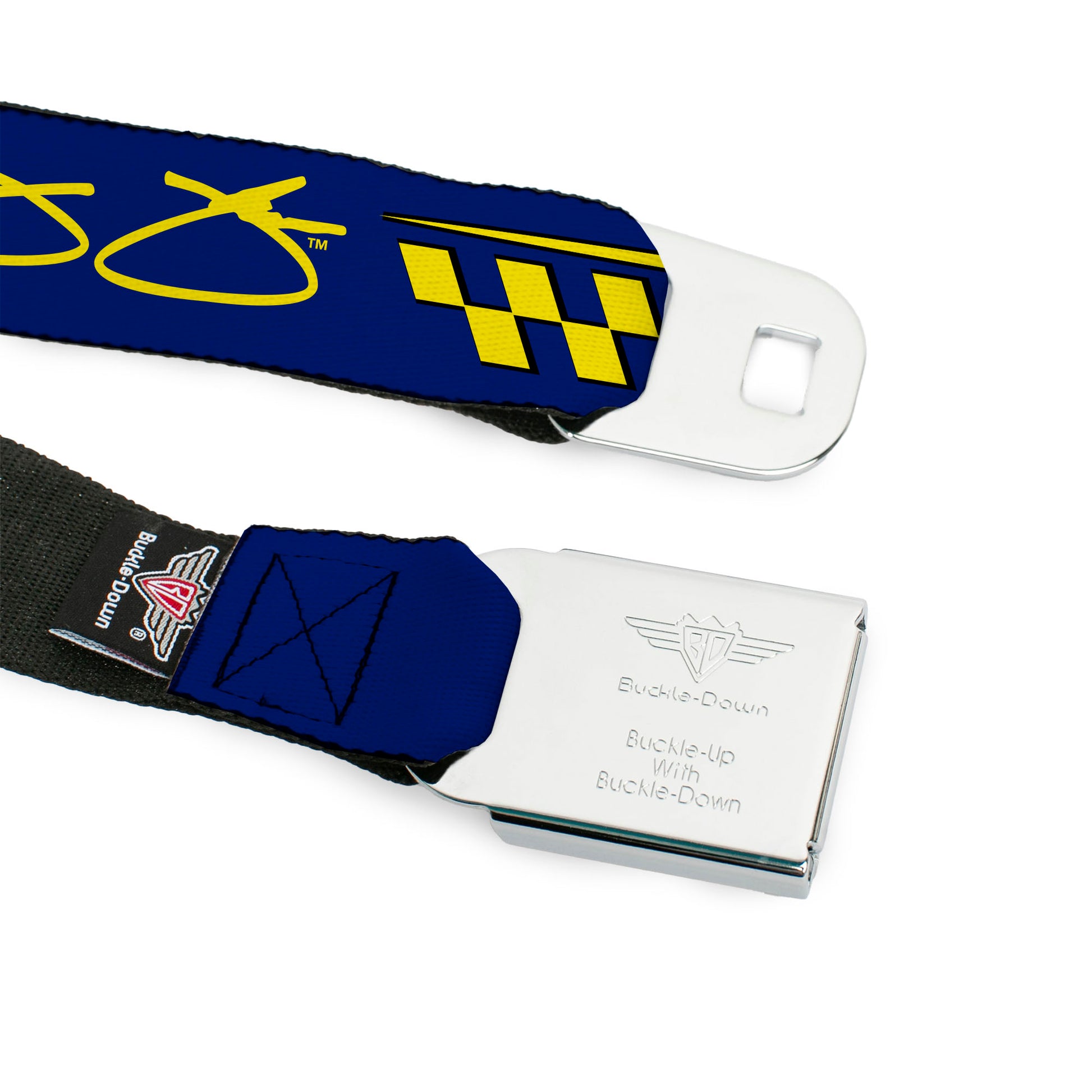 HENDRICK MOTORSPORTS Checker Logo Full Color Black/White Seatbelt Belt - Jimmie Johnson #48 Autograph Checker Blue/Yellow Webbing Seatbelt Belts Hendrick Motorsports