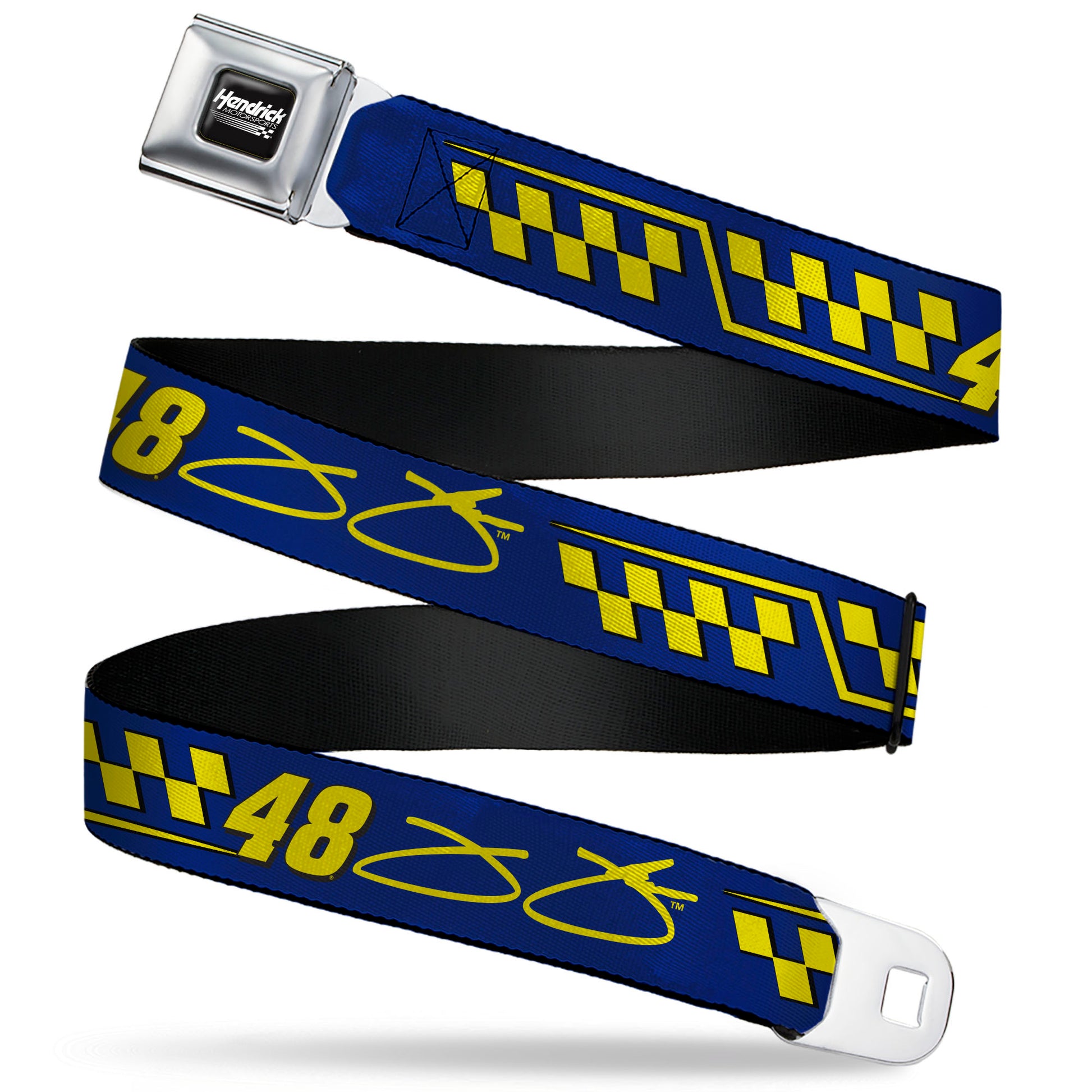 HENDRICK MOTORSPORTS Checker Logo Full Color Black/White Seatbelt Belt - Jimmie Johnson #48 Autograph Checker Blue/Yellow Webbing Seatbelt Belts Hendrick Motorsports