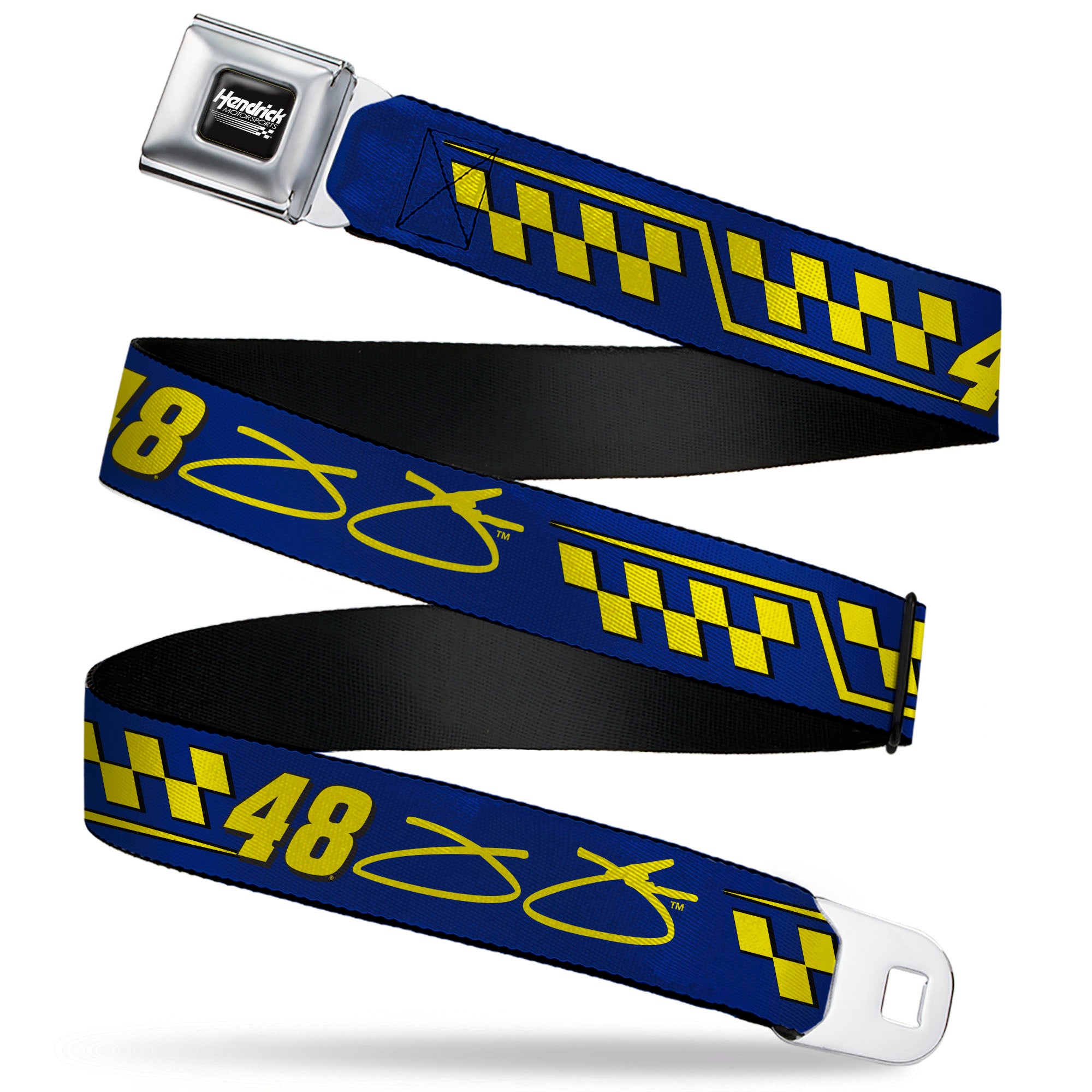 HENDRICK MOTORSPORTS Checker Logo Full Color Black/White Seatbelt Belt - Jimmie Johnson #48 Autograph Checker Blue/Yellow Webbing Seatbelt Belts Hendrick Motorsports