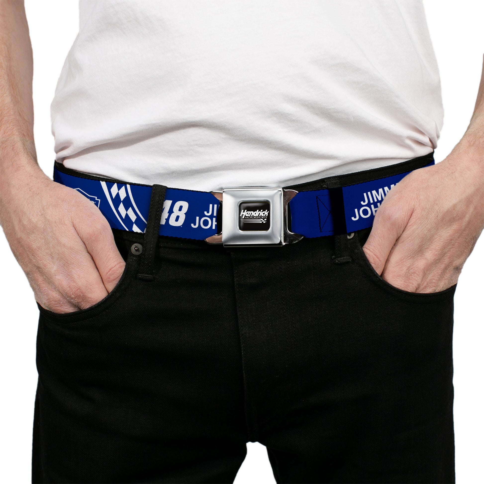 HENDRICK MOTORSPORTS Checker Logo Full Color Black/White Seatbelt Belt - JIMMIE JOHNSON #48 LOWE'S Logo Checker Blue/White Webbing Seatbelt Belts Hendrick Motorsports