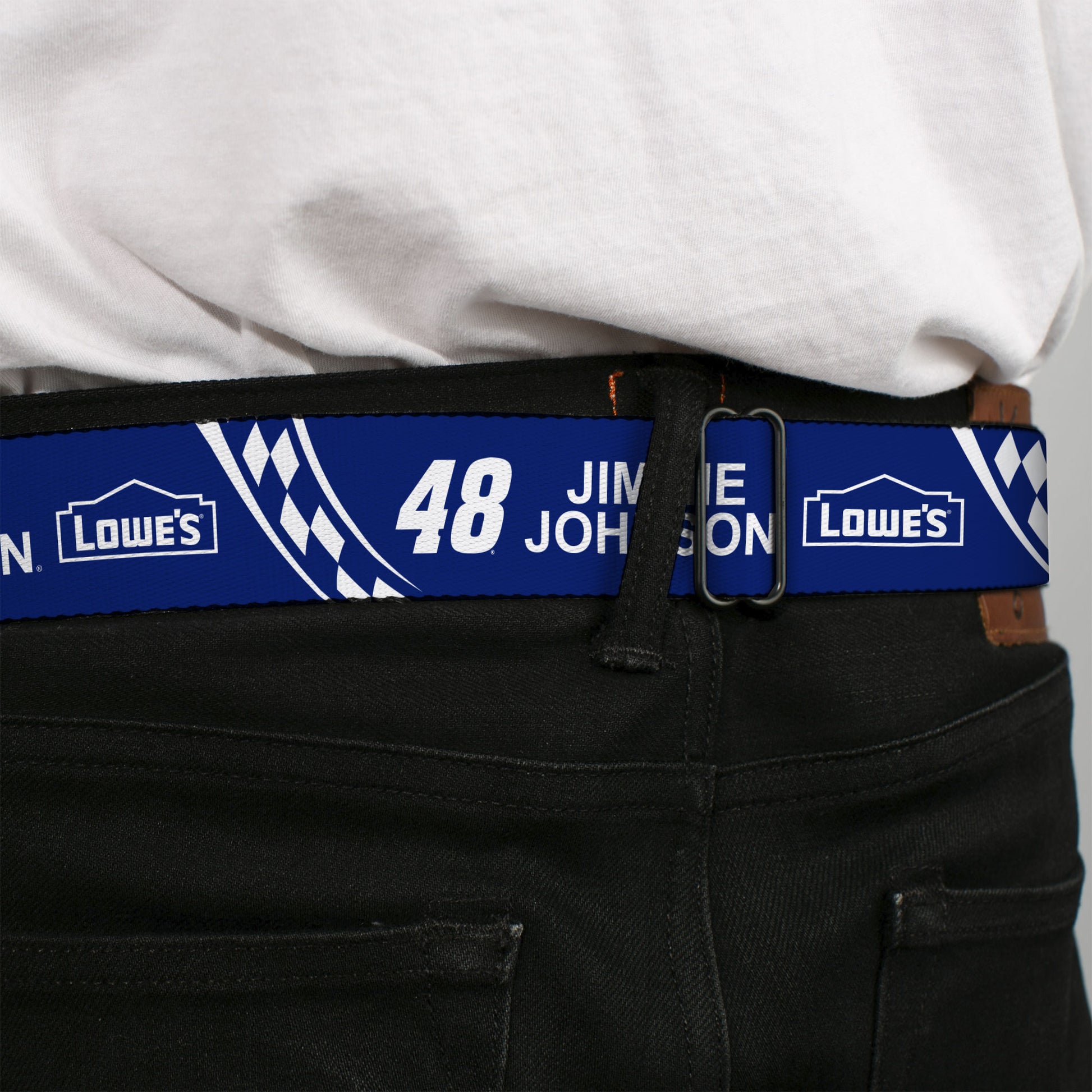 HENDRICK MOTORSPORTS Checker Logo Full Color Black/White Seatbelt Belt - JIMMIE JOHNSON #48 LOWE'S Logo Checker Blue/White Webbing Seatbelt Belts Hendrick Motorsports