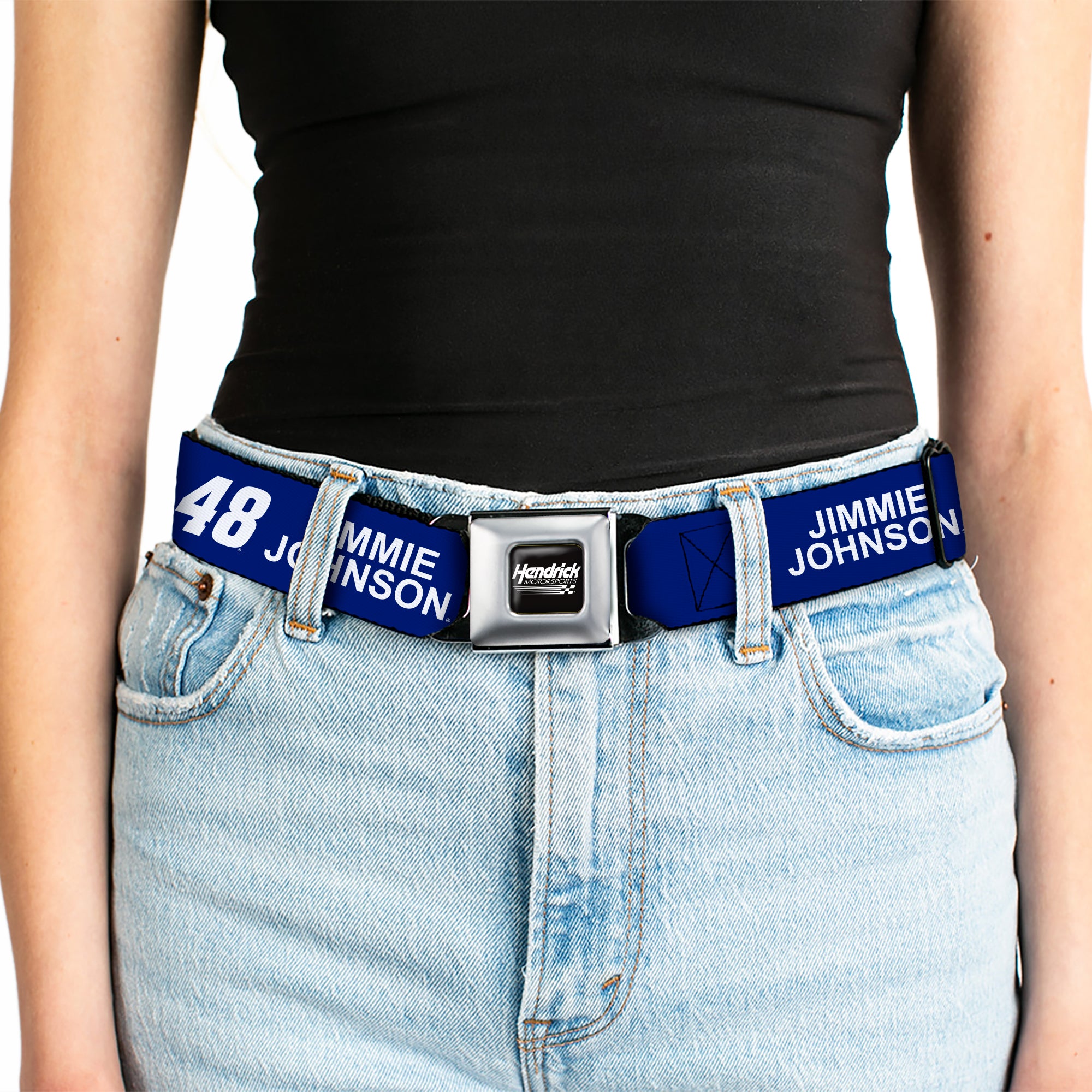 HENDRICK MOTORSPORTS Checker Logo Full Color Black/White Seatbelt Belt - JIMMIE JOHNSON #48 LOWE'S Logo Checker Blue/White Webbing Seatbelt Belts Hendrick Motorsports
