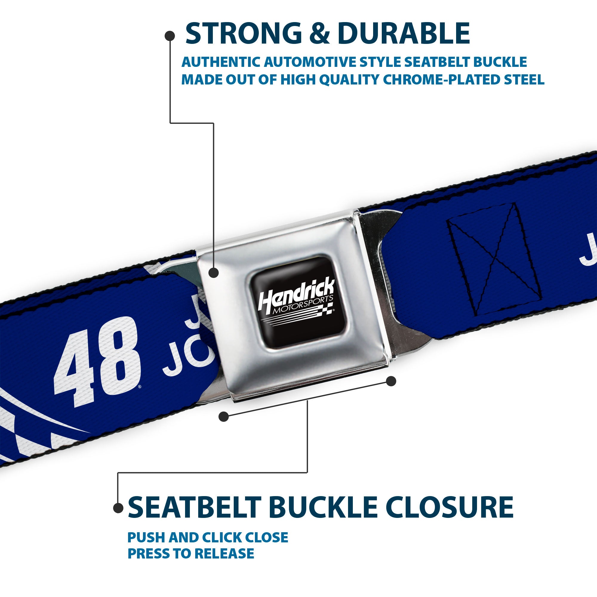 HENDRICK MOTORSPORTS Checker Logo Full Color Black/White Seatbelt Belt - JIMMIE JOHNSON #48 LOWE'S Logo Checker Blue/White Webbing Seatbelt Belts Hendrick Motorsports
