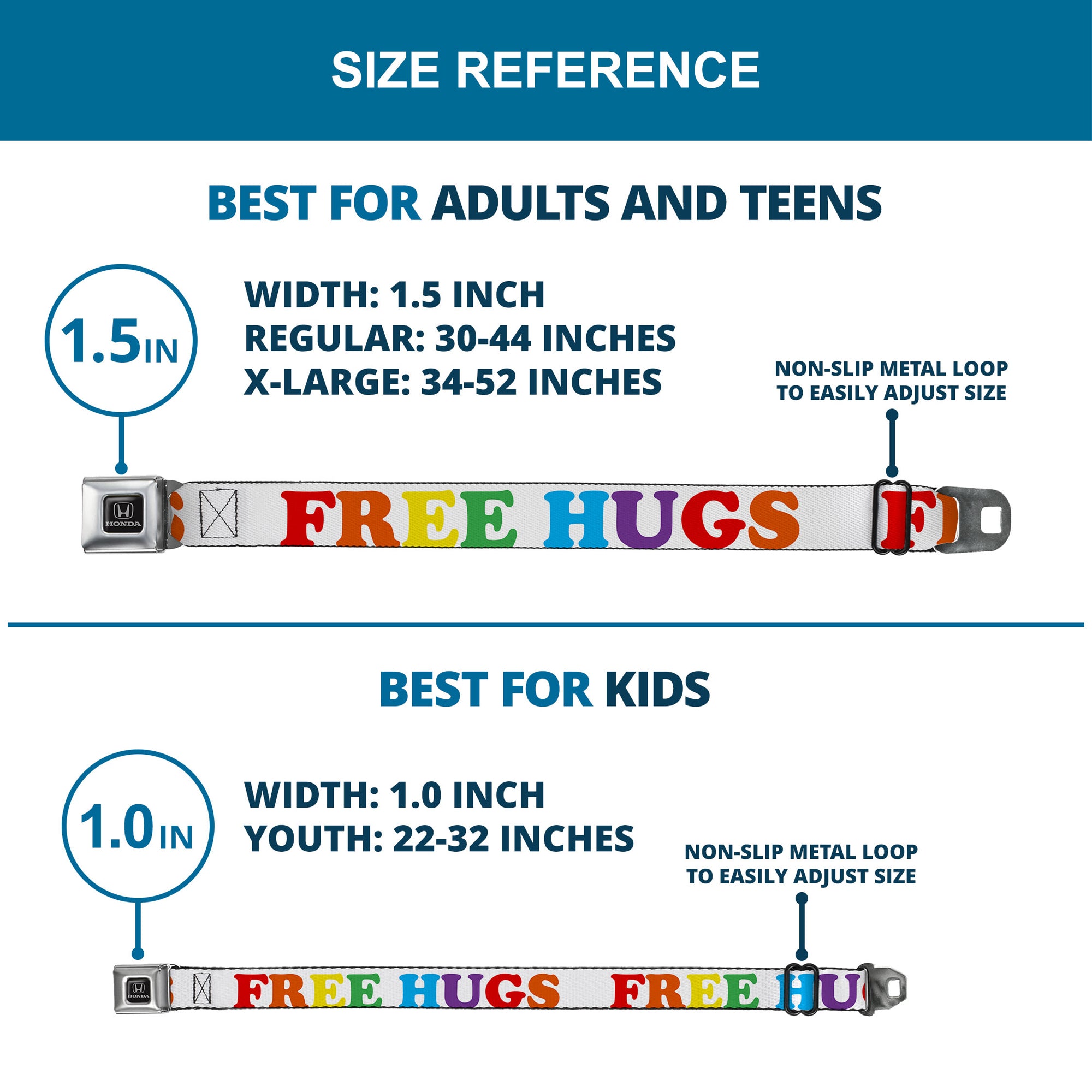 Honda - Seatbelt Belt - FREE HUGS White/Multi Color Webbing Seatbelt Belts Honda