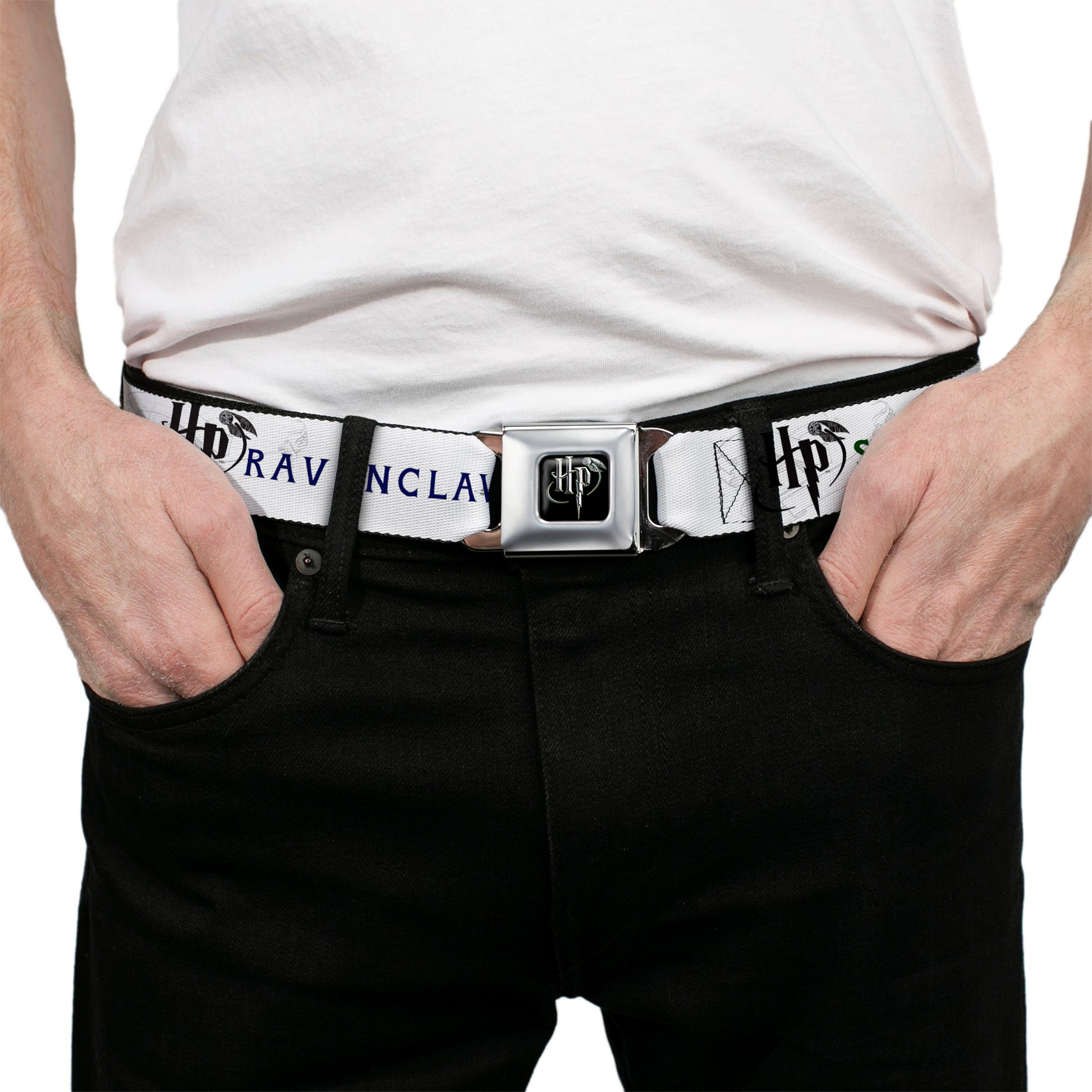 Harry Potter Logo Full Color Black/White Seatbelt Belt - Harry Potter GRYFFINDOR/RAVENCLAW/SLYTHERIN White/Black Webbing Seatbelt Belts Harry Potter