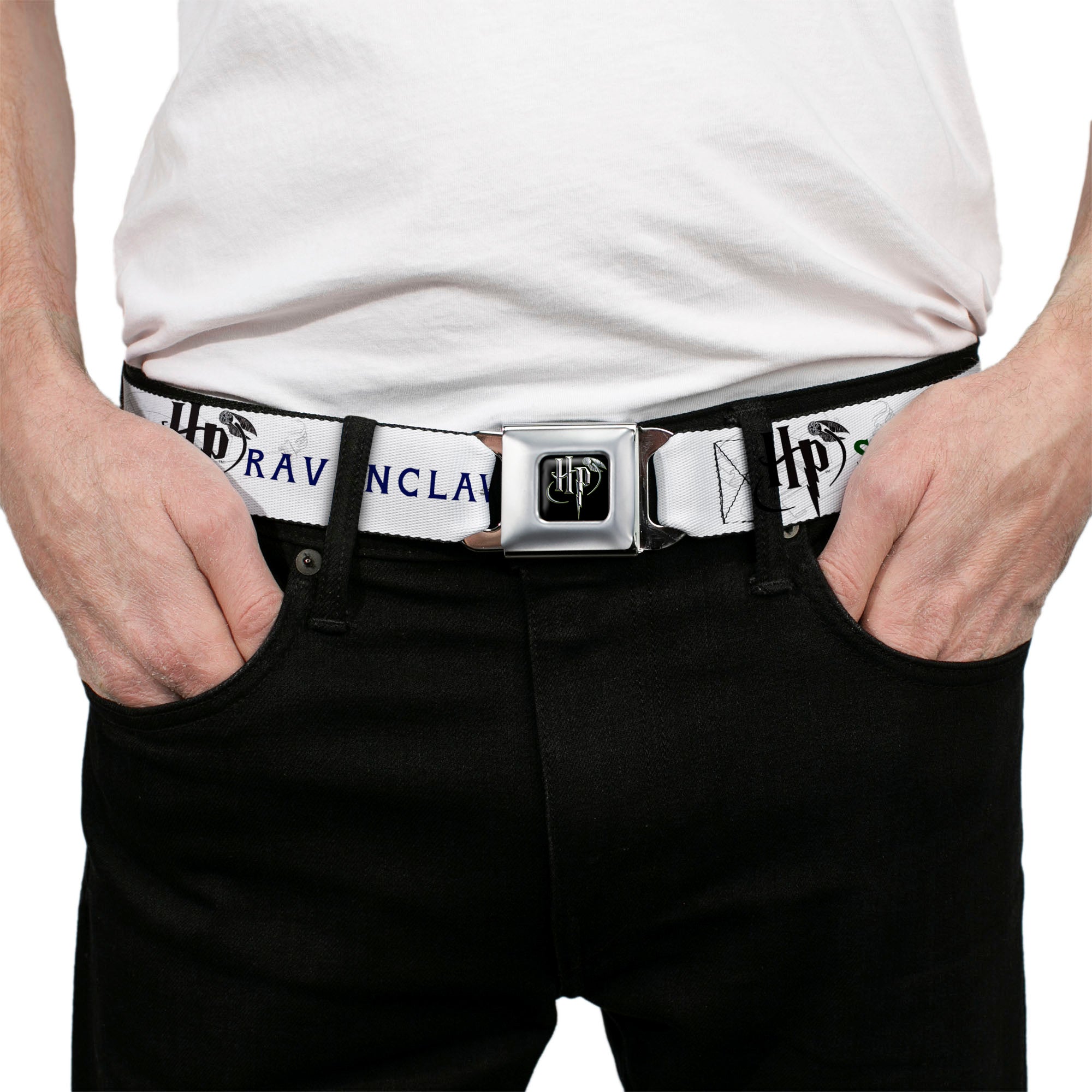 Harry Potter Logo Full Color Black/White Seatbelt Belt - Harry Potter GRYFFINDOR/RAVENCLAW/SLYTHERIN White/Black Webbing Seatbelt Belts Harry Potter