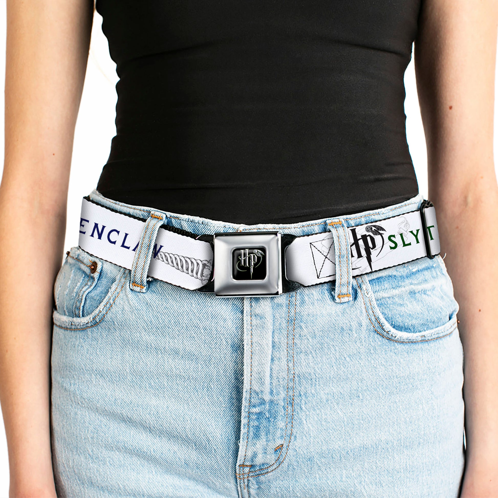 Harry Potter Logo Full Color Black/White Seatbelt Belt - Harry Potter GRYFFINDOR/RAVENCLAW/SLYTHERIN White/Black Webbing Seatbelt Belts Harry Potter