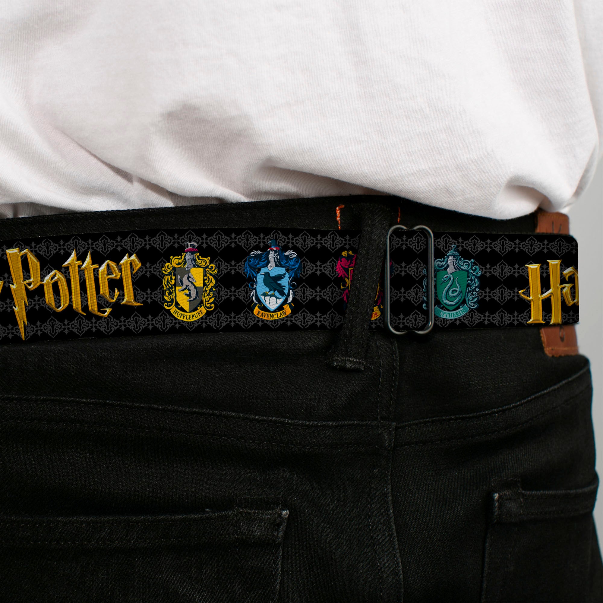 Harry Potter Logo Full Color Black/White Seatbelt Belt - HARRY POTTER Hufflepuff/Ravenclaw/Gryffindor/Slytherin Coat of Arms Black Webbing Seatbelt Belts Harry Potter