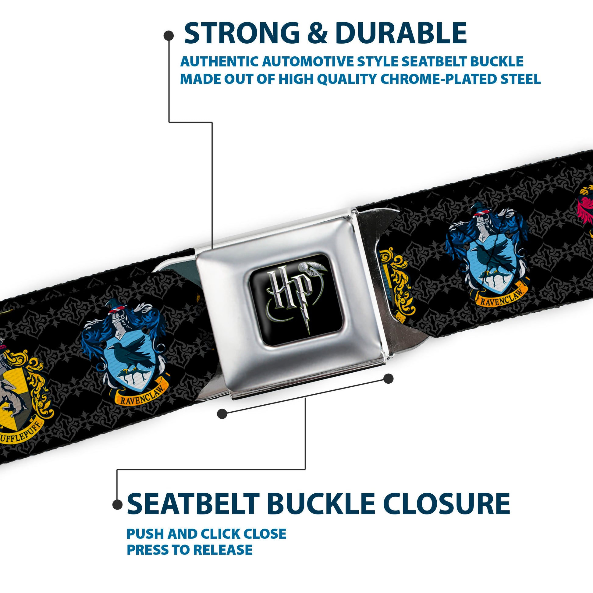 Harry Potter Logo Full Color Black/White Seatbelt Belt - HARRY POTTER Hufflepuff/Ravenclaw/Gryffindor/Slytherin Coat of Arms Black Webbing Seatbelt Belts Harry Potter