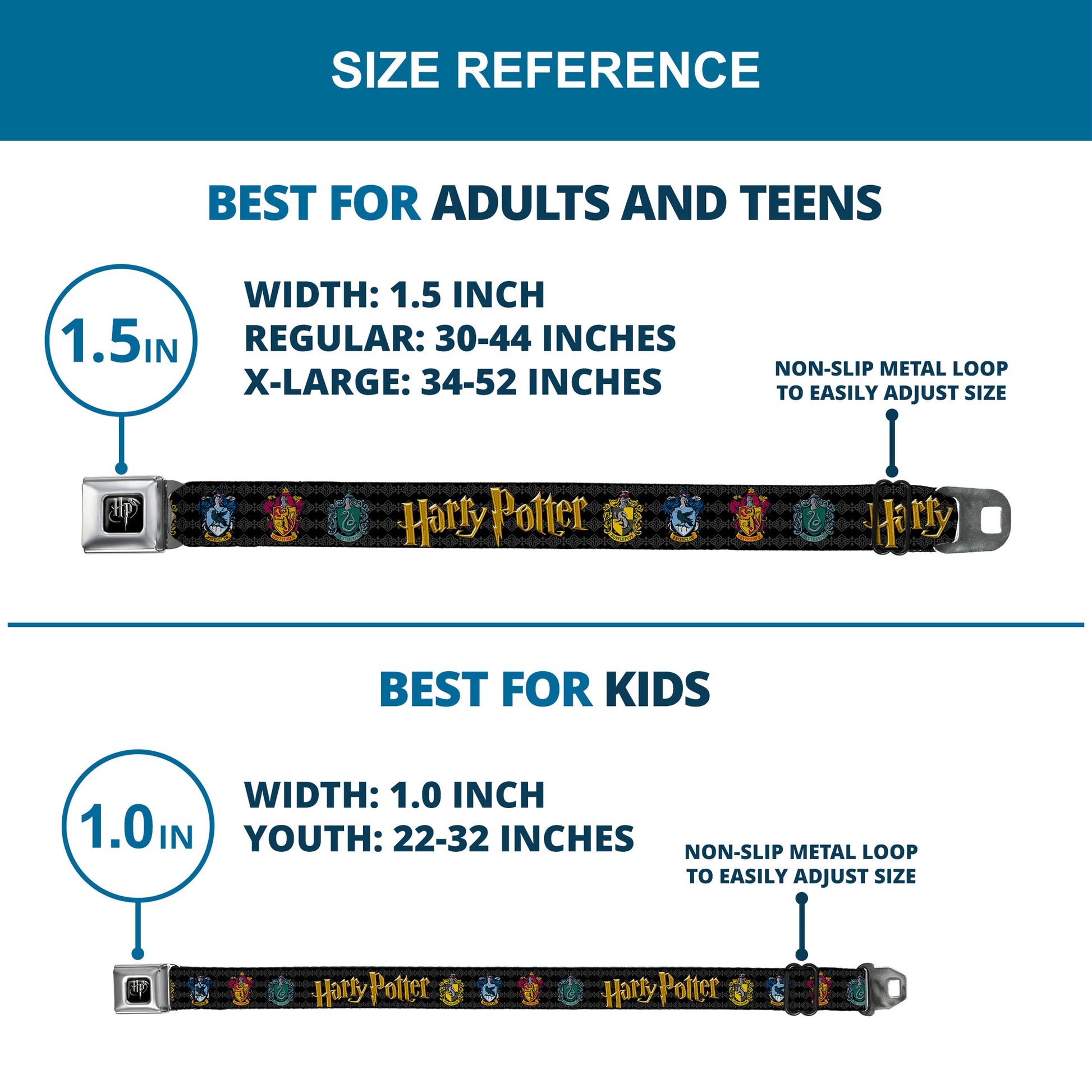 Harry Potter Logo Full Color Black/White Seatbelt Belt - HARRY POTTER Hufflepuff/Ravenclaw/Gryffindor/Slytherin Coat of Arms Black Webbing Seatbelt Belts Harry Potter