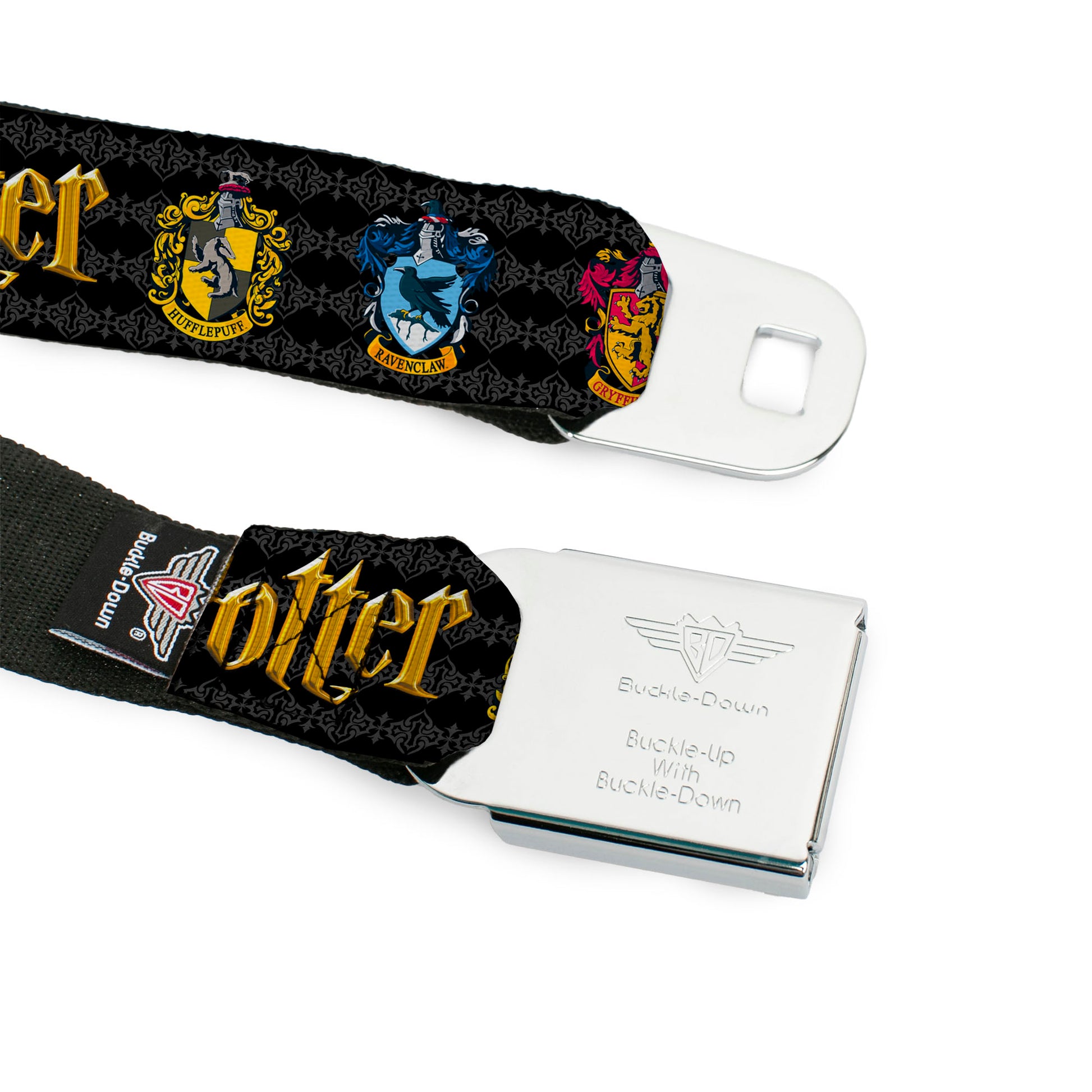 Harry Potter Logo Full Color Black/White Seatbelt Belt - HARRY POTTER Hufflepuff/Ravenclaw/Gryffindor/Slytherin Coat of Arms Black Webbing Seatbelt Belts Harry Potter