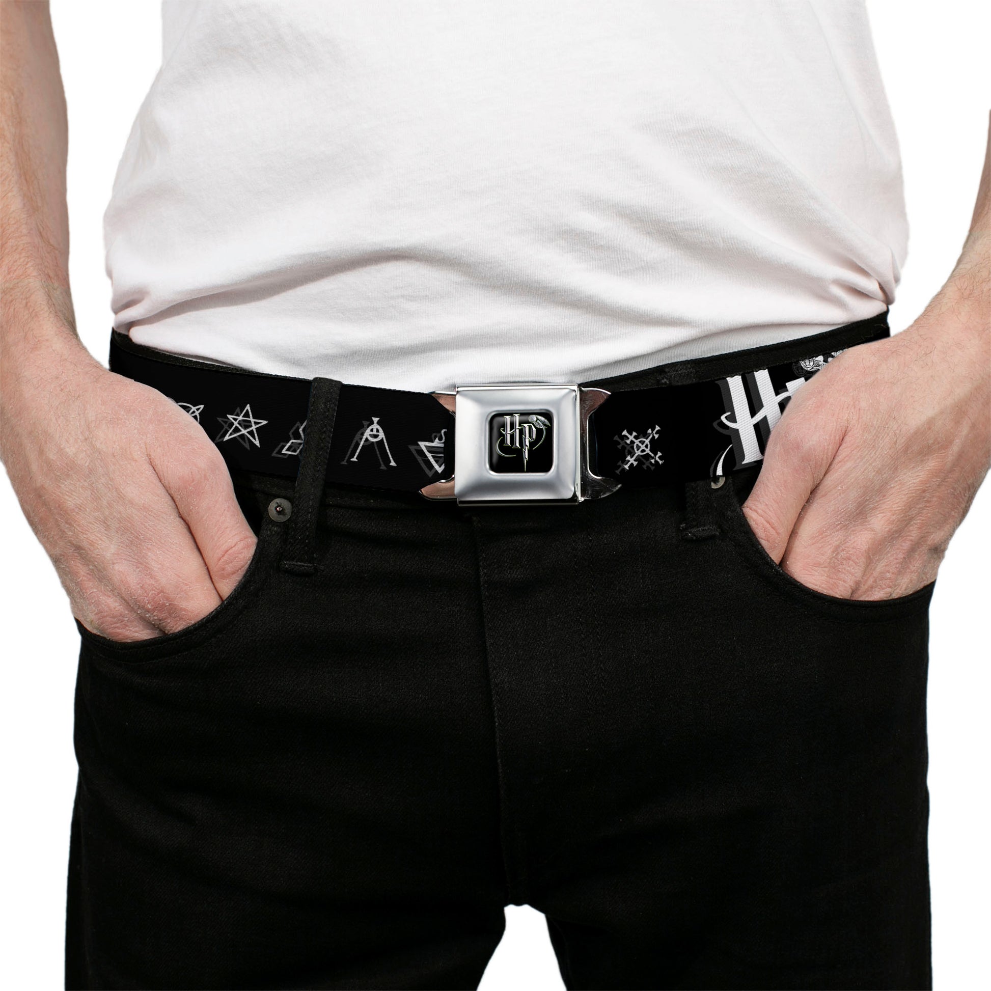Harry Potter Logo Full Color Black/White Seatbelt Belt - Harry Potter Logo/Symbology Black/White Webbing Seatbelt Belts Harry Potter