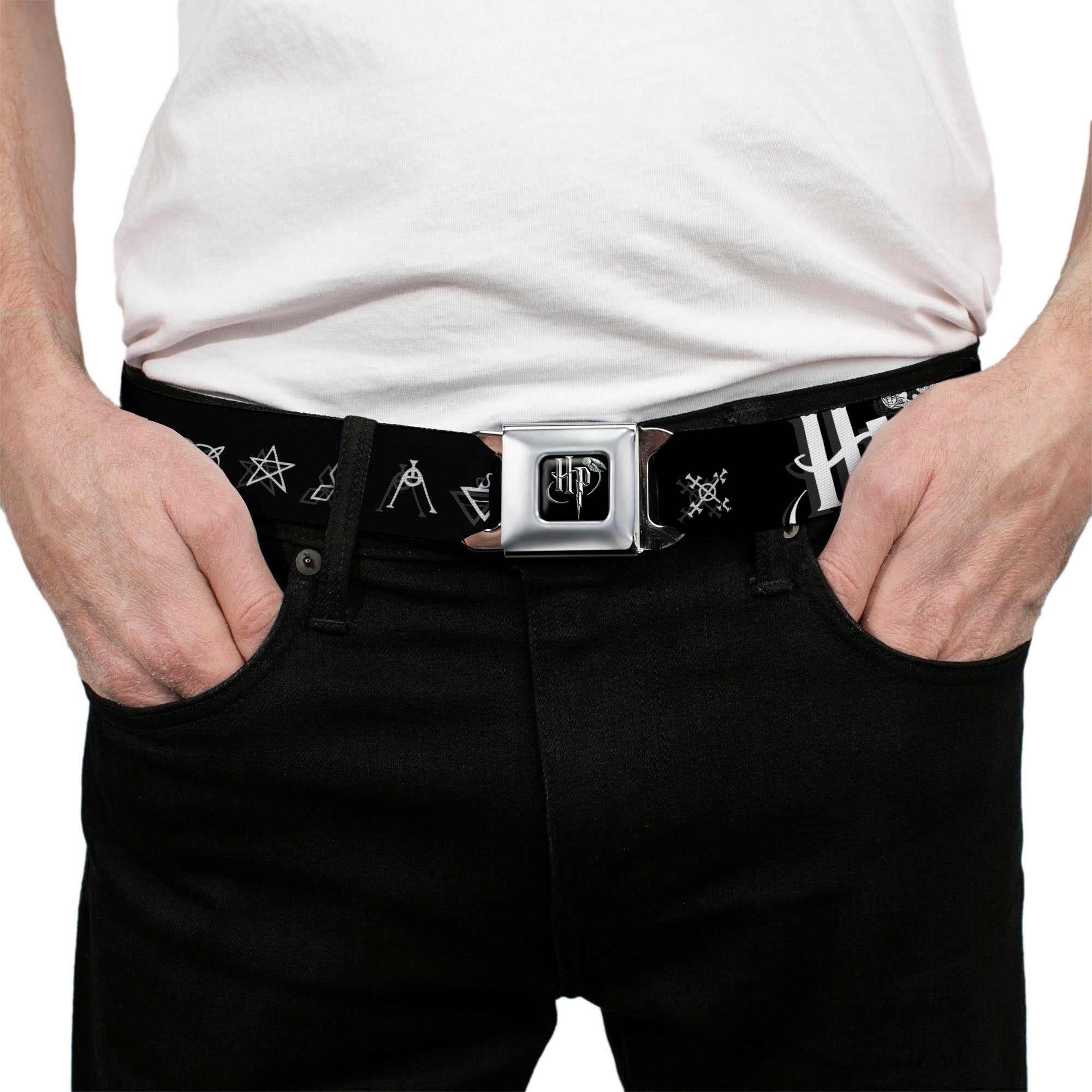 Harry Potter Logo Full Color Black/White Seatbelt Belt - Harry Potter Logo/Symbology Black/White Webbing Seatbelt Belts Harry Potter