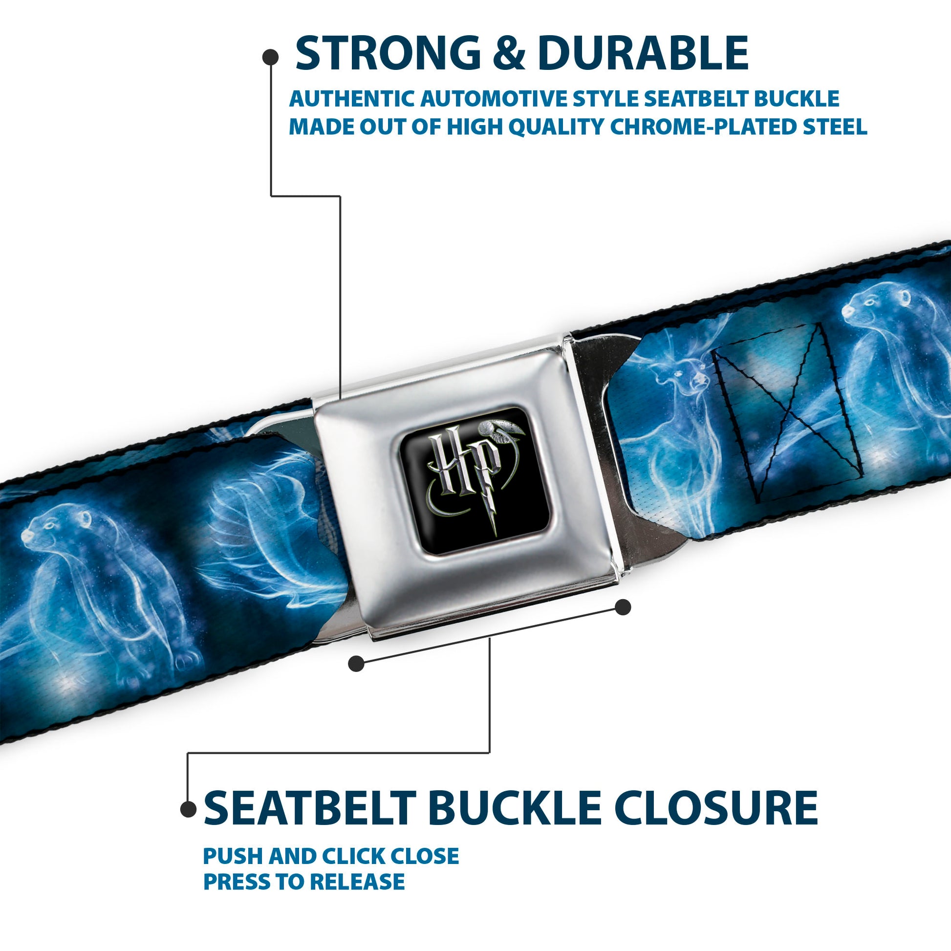Harry Potter Logo Full Color Black/White Seatbelt Belt - Harry Potter Animal Spirits Black/Blue Webbing Seatbelt Belts Harry Potter