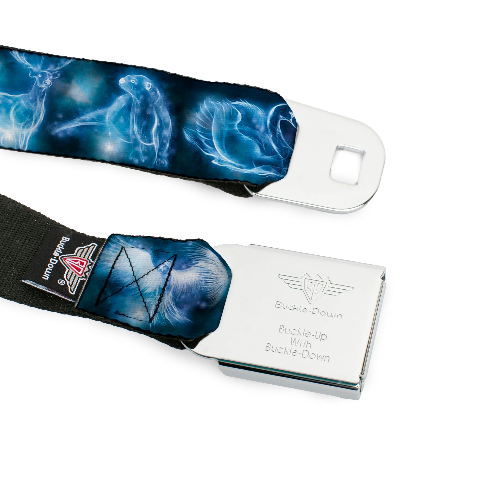 Harry Potter Logo Full Color Black/White Seatbelt Belt - Harry Potter Animal Spirits Black/Blue Webbing Seatbelt Belts Harry Potter