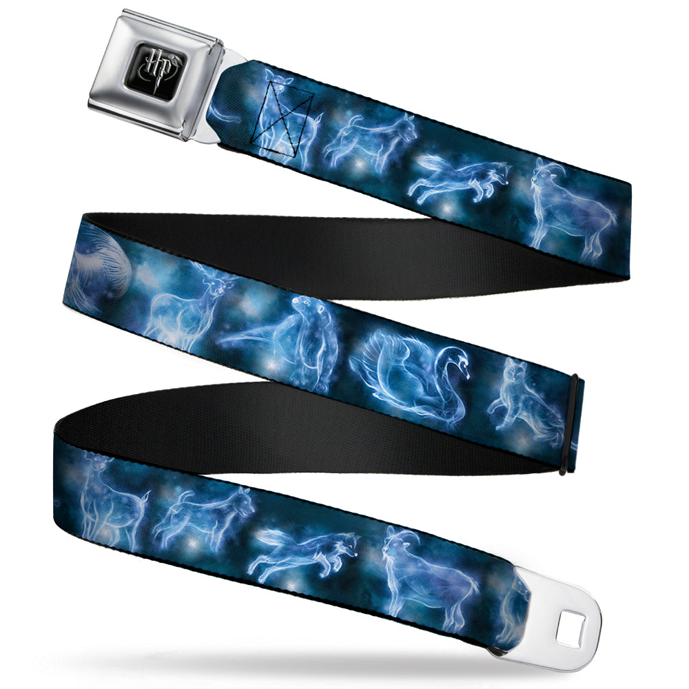 Harry Potter Logo Full Color Black/White Seatbelt Belt - Harry Potter Animal Spirits Black/Blue Webbing Seatbelt Belts Harry Potter