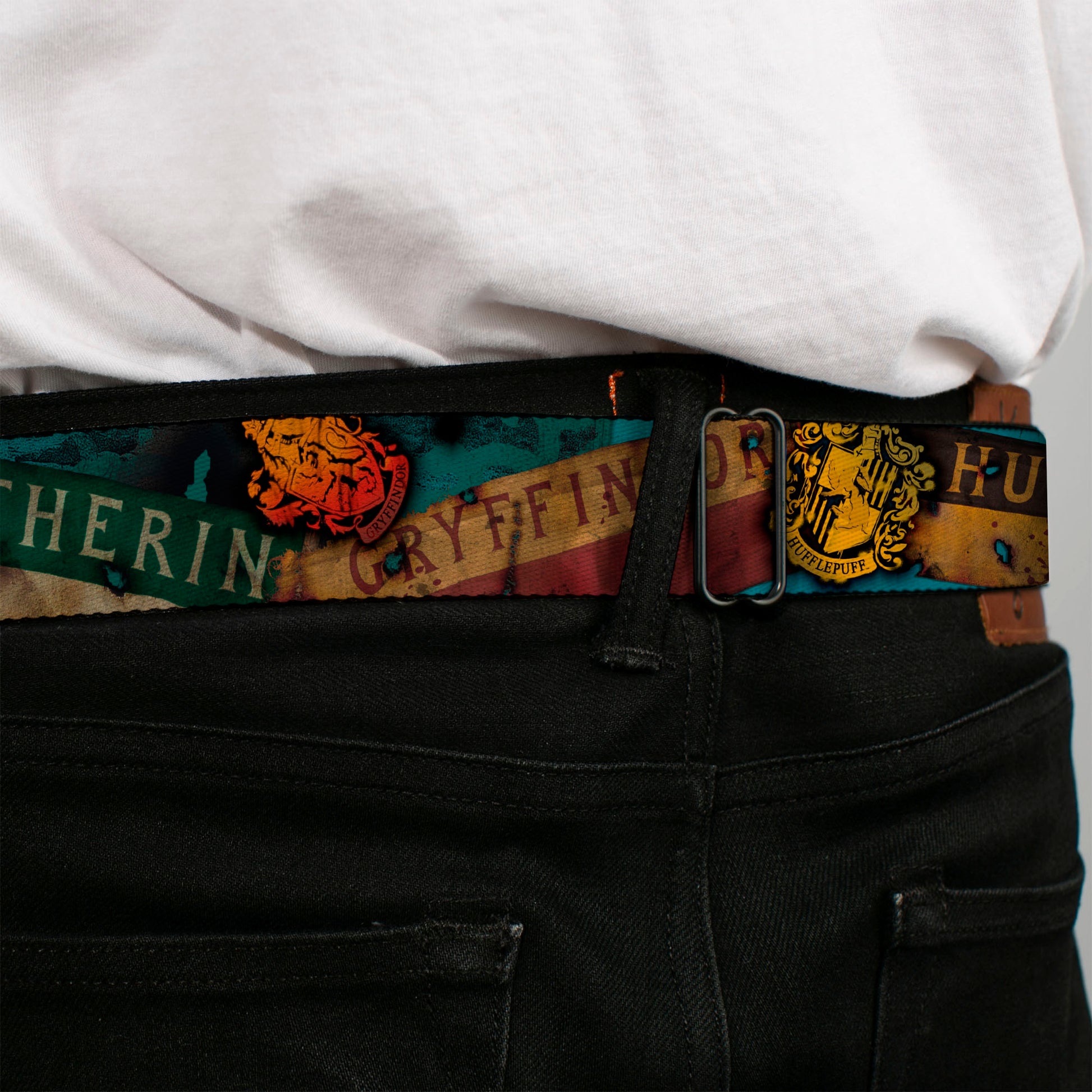 Harry Potter Logo Full Color Black/White Seatbelt Belt - Hogwarts House Banners & Logos Webbing Seatbelt Belts Harry Potter