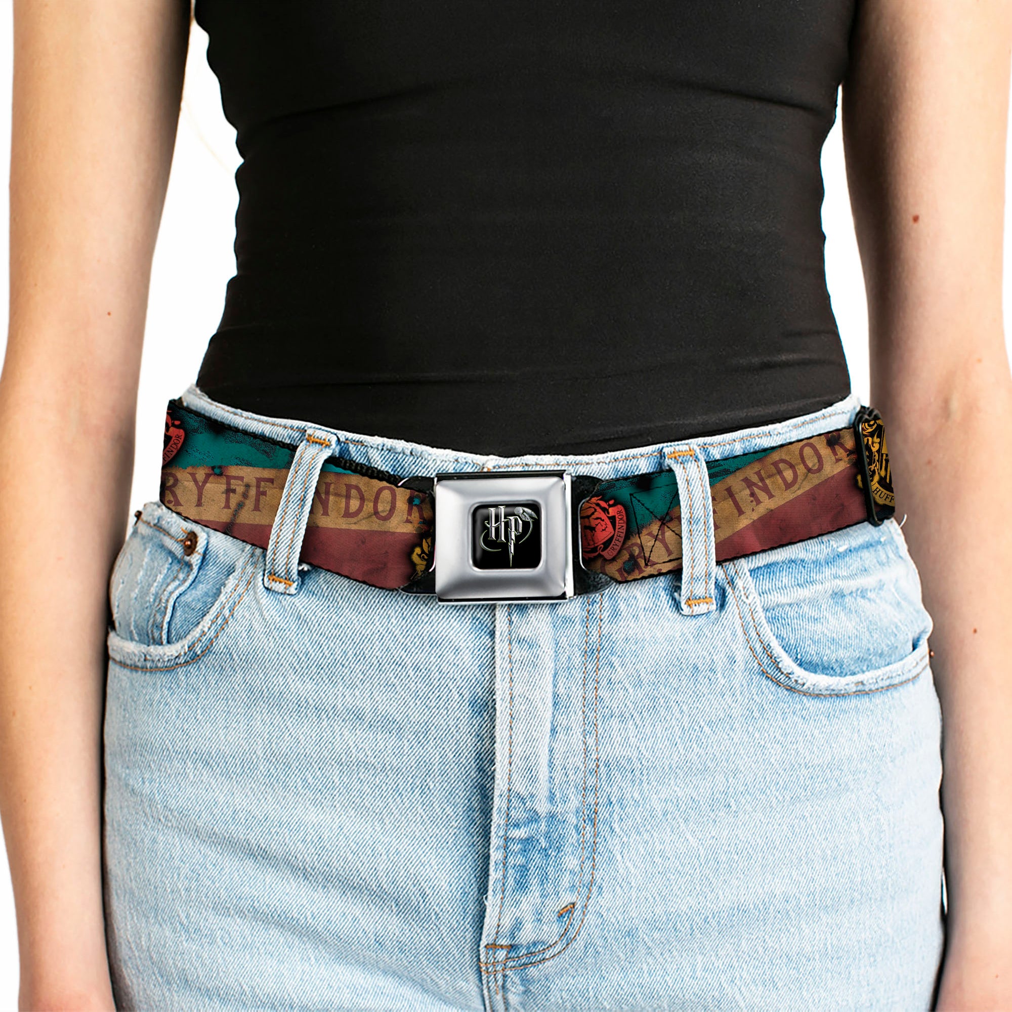 Harry Potter Logo Full Color Black/White Seatbelt Belt - Hogwarts House Banners & Logos Webbing Seatbelt Belts Harry Potter