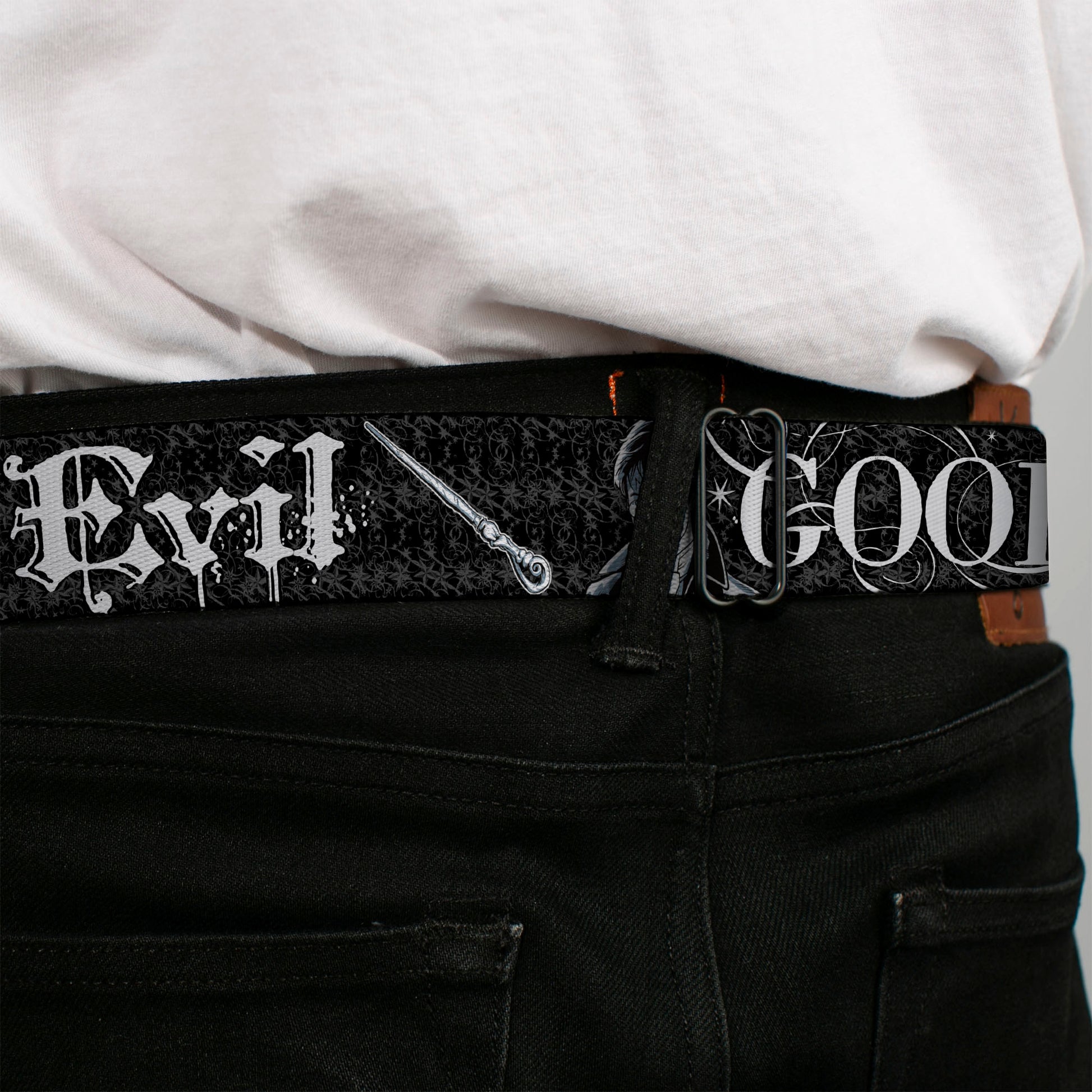 Harry Potter Logo Full Color Black/White Seatbelt Belt - Harry Potter GOOD VS. EVIL Black/White Webbing Seatbelt Belts Harry Potter