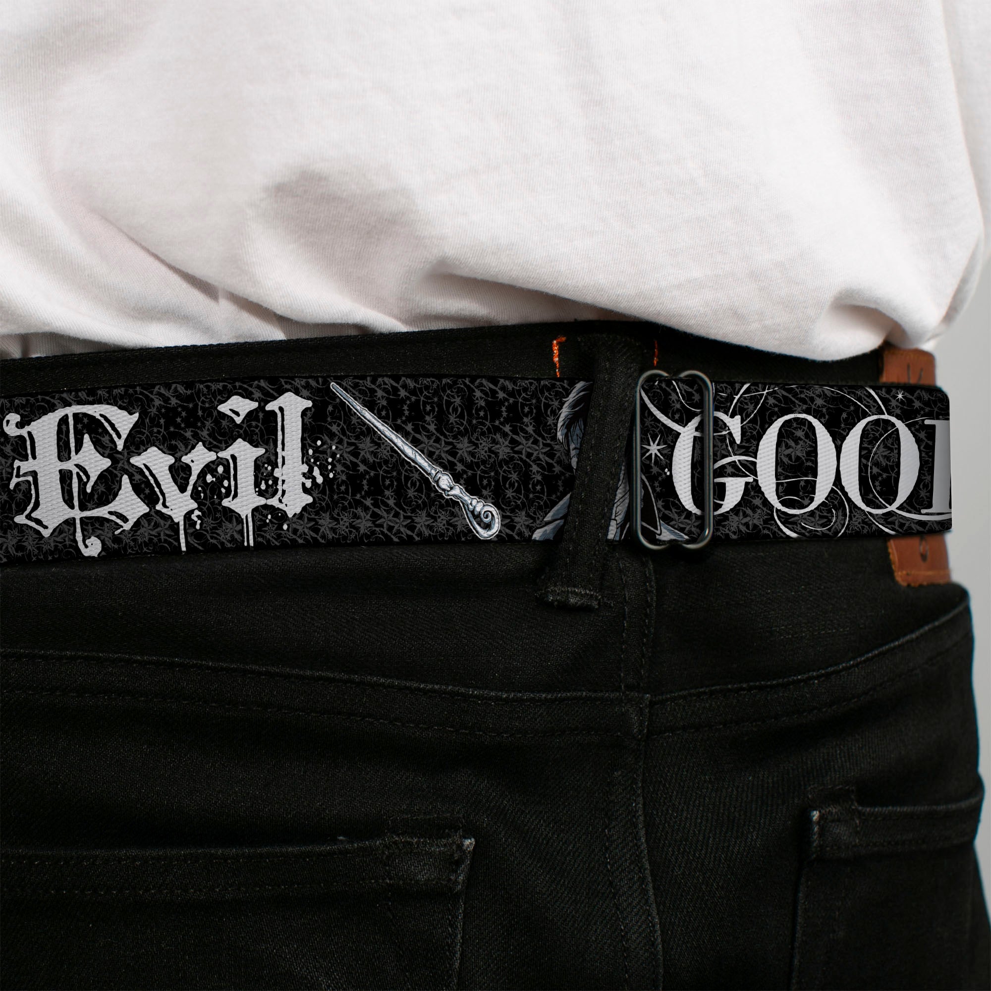 Harry Potter Logo Full Color Black/White Seatbelt Belt - Harry Potter GOOD VS. EVIL Black/White Webbing Seatbelt Belts Harry Potter