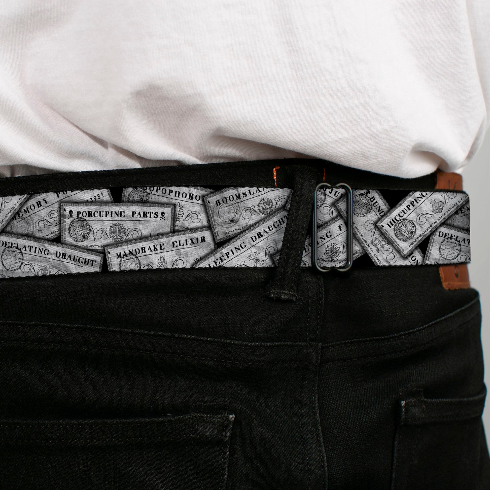 Harry Potter Logo Full Color Black/White Seatbelt Belt - Harry Potter Potion Labels Webbing Seatbelt Belts Harry Potter