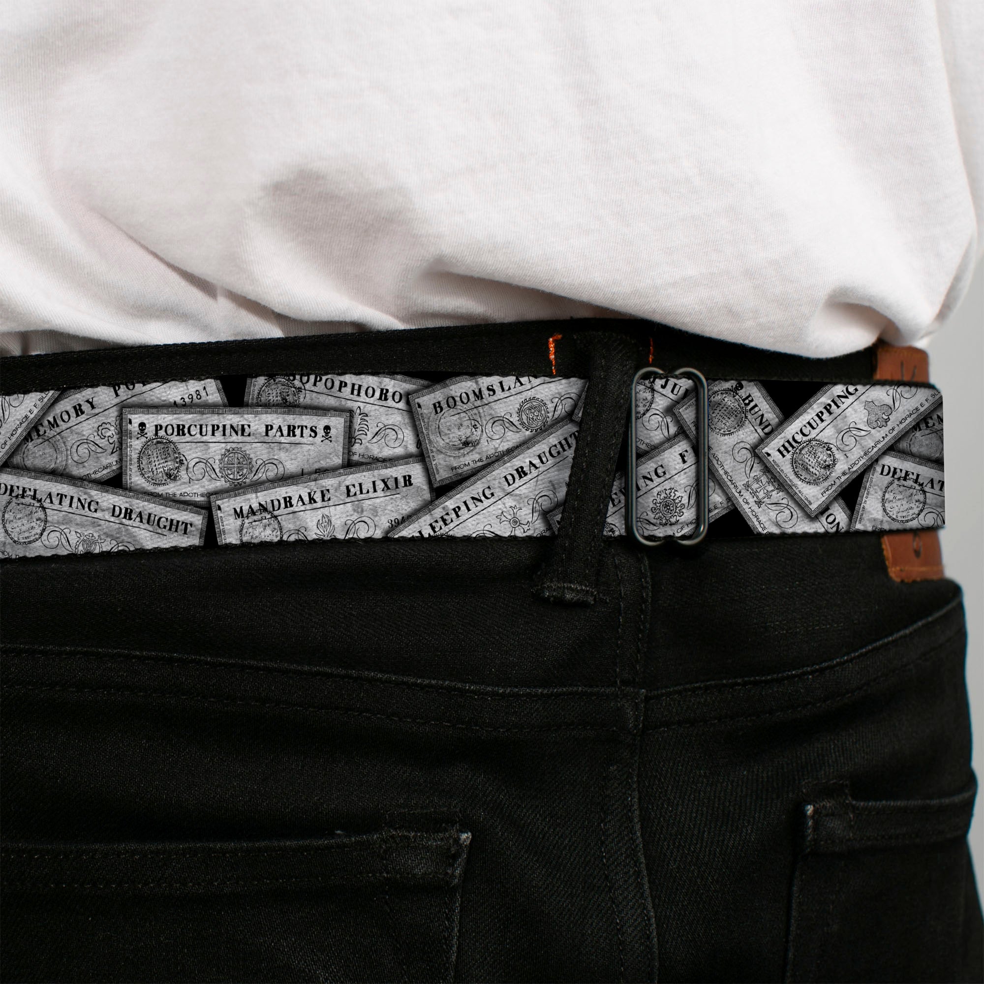 Harry Potter Logo Full Color Black/White Seatbelt Belt - Harry Potter Potion Labels Webbing Seatbelt Belts Harry Potter