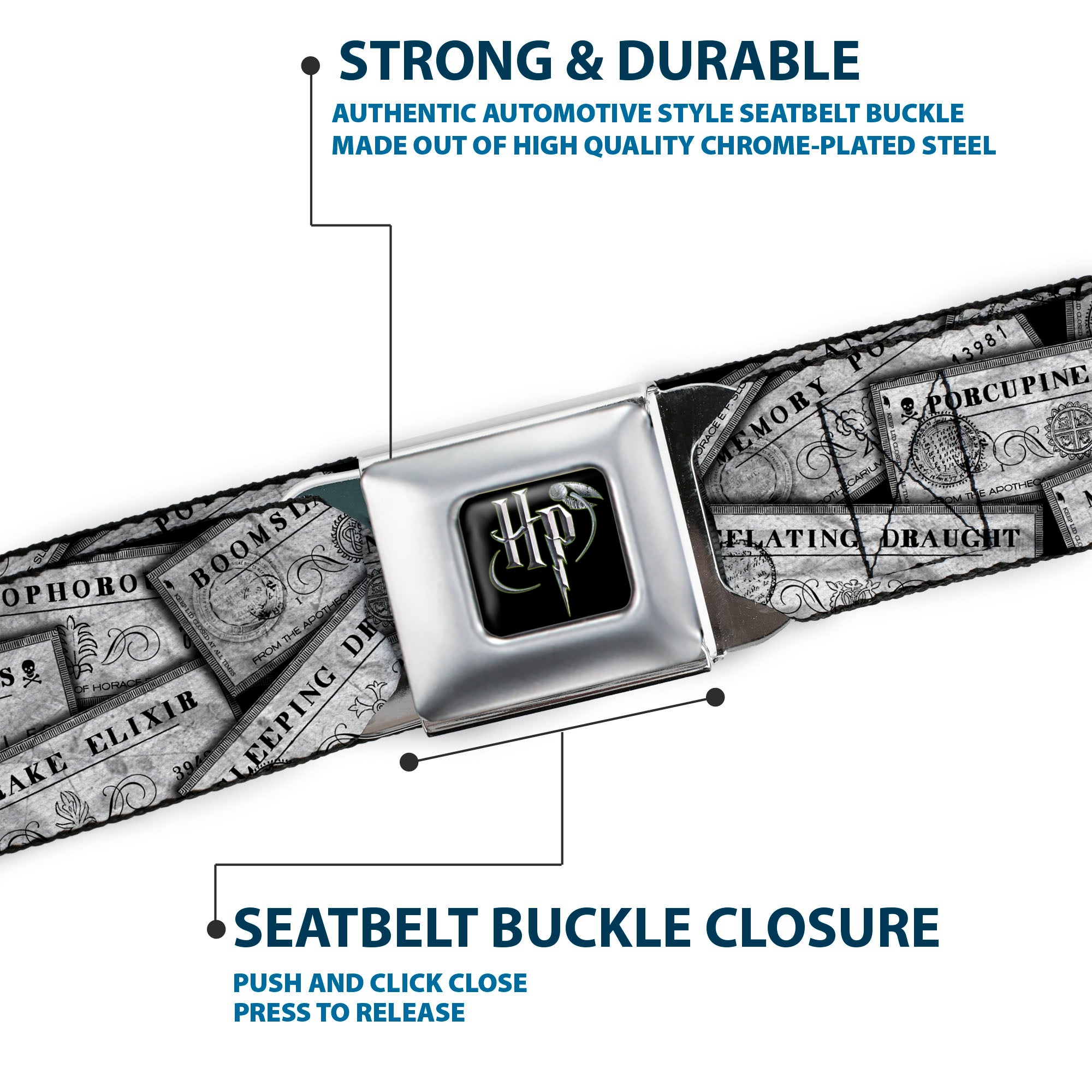 Harry Potter Logo Full Color Black/White Seatbelt Belt - Harry Potter Potion Labels Webbing Seatbelt Belts Harry Potter