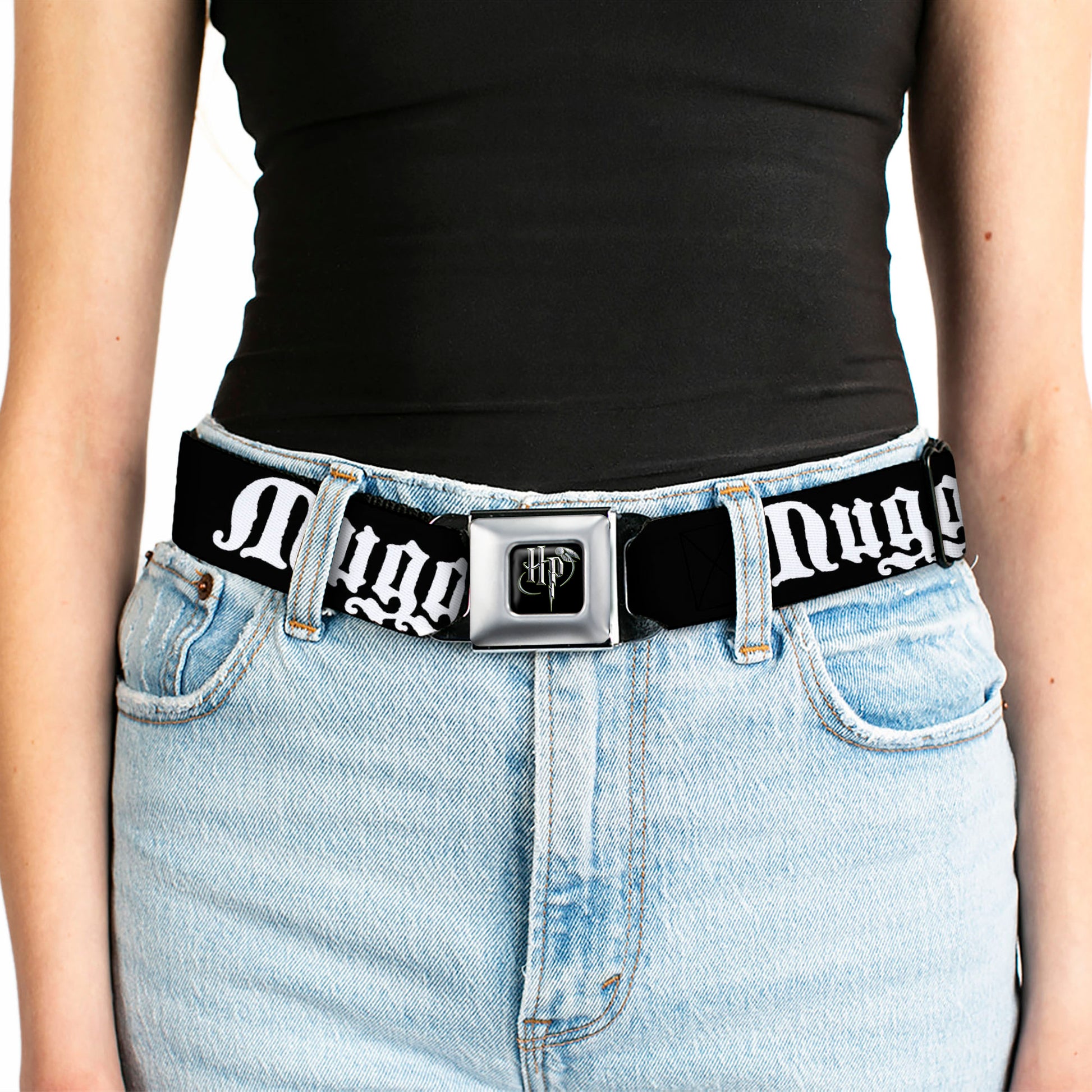Harry Potter Logo Full Color Black/White Seatbelt Belt - MUGGLES Black/White Webbing Seatbelt Belts Harry Potter