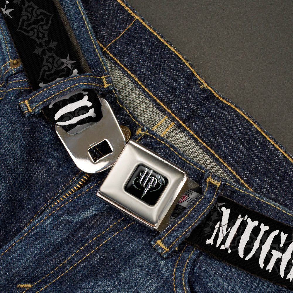 Harry Potter Logo Full Color Black/White Seatbelt Belt - MUGGLES Black/Gray/White Webbing Seatbelt Belts Harry Potter