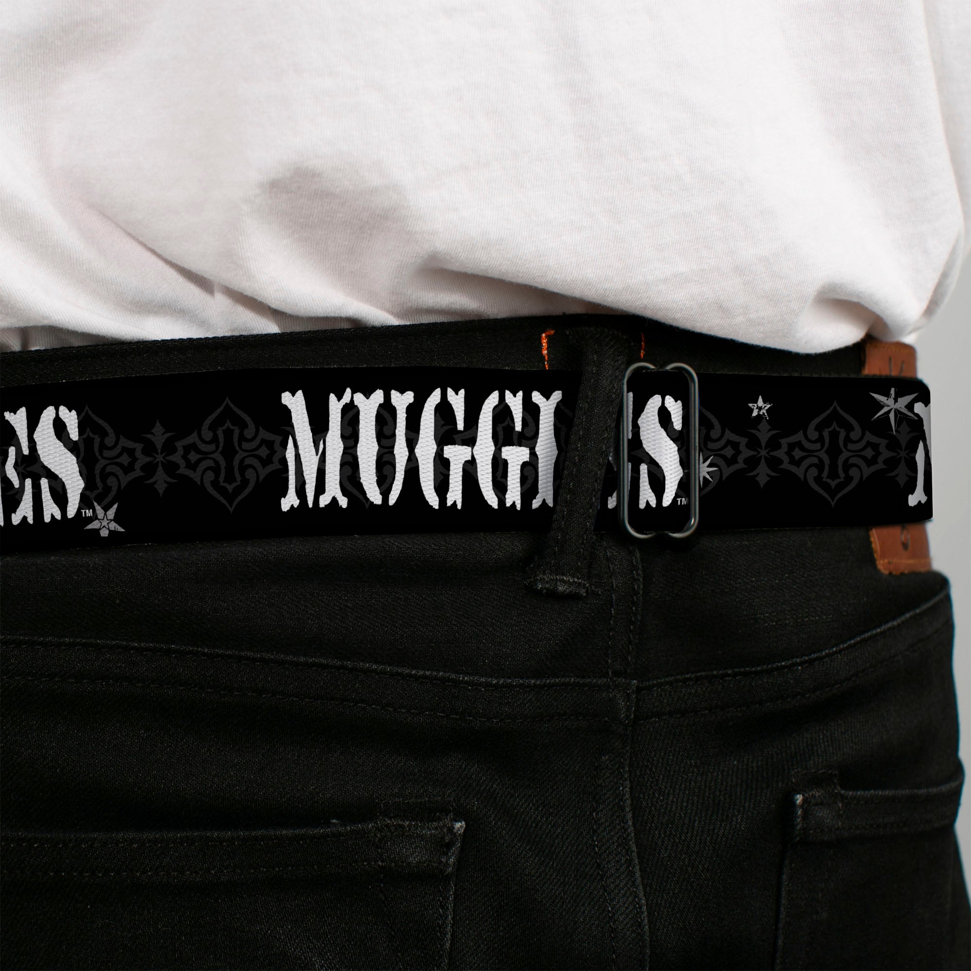 Harry Potter Logo Full Color Black/White Seatbelt Belt - MUGGLES Black/Gray/White Webbing Seatbelt Belts Harry Potter