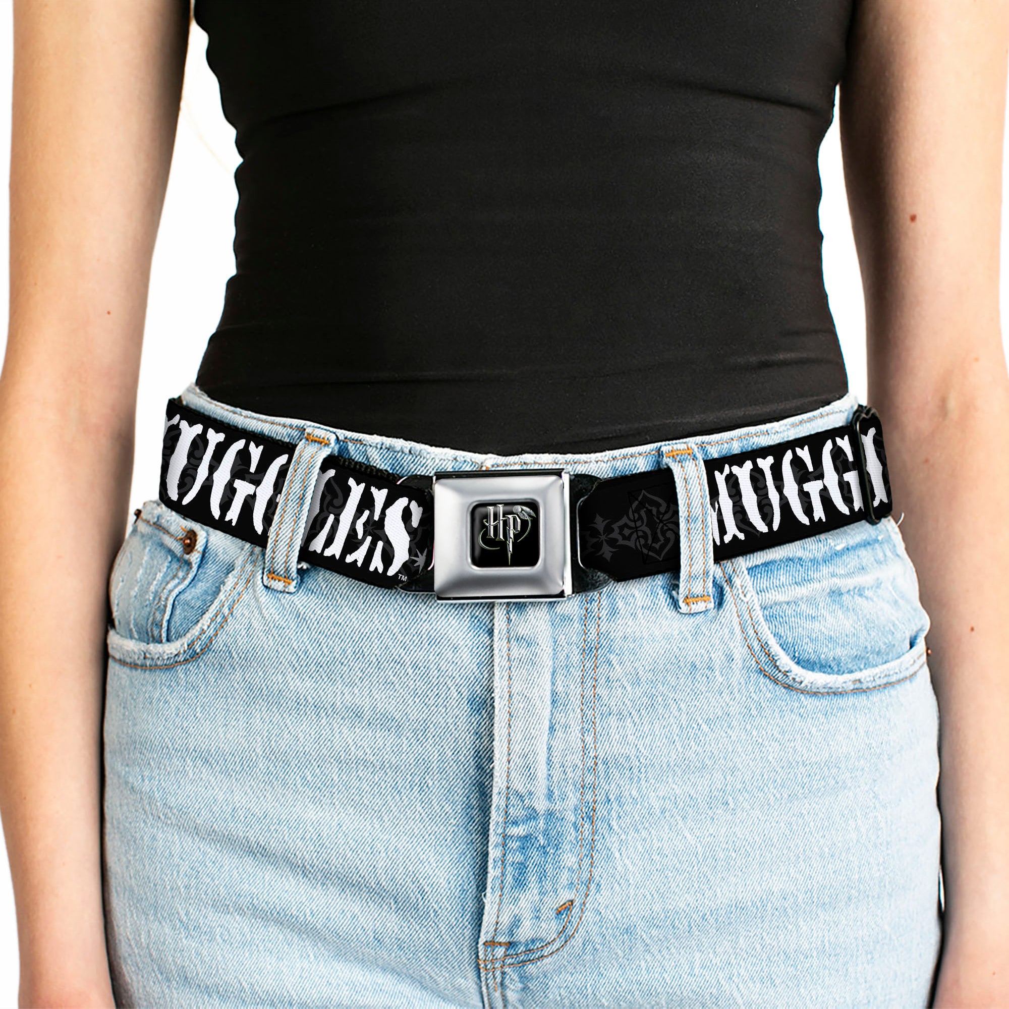 Harry Potter Logo Full Color Black/White Seatbelt Belt - MUGGLES Black/Gray/White Webbing Seatbelt Belts Harry Potter