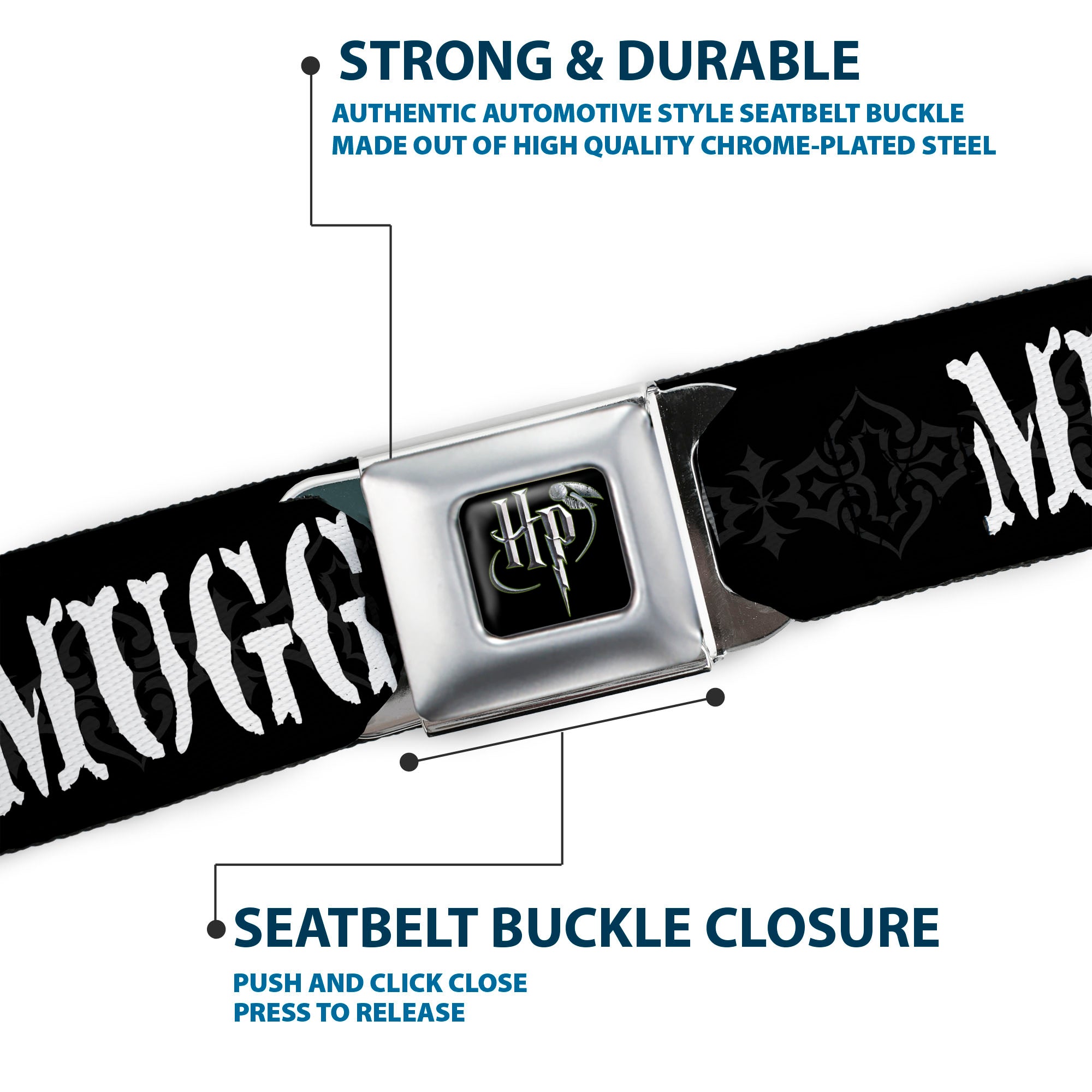 Harry Potter Logo Full Color Black/White Seatbelt Belt - MUGGLES Black/Gray/White Webbing Seatbelt Belts Harry Potter