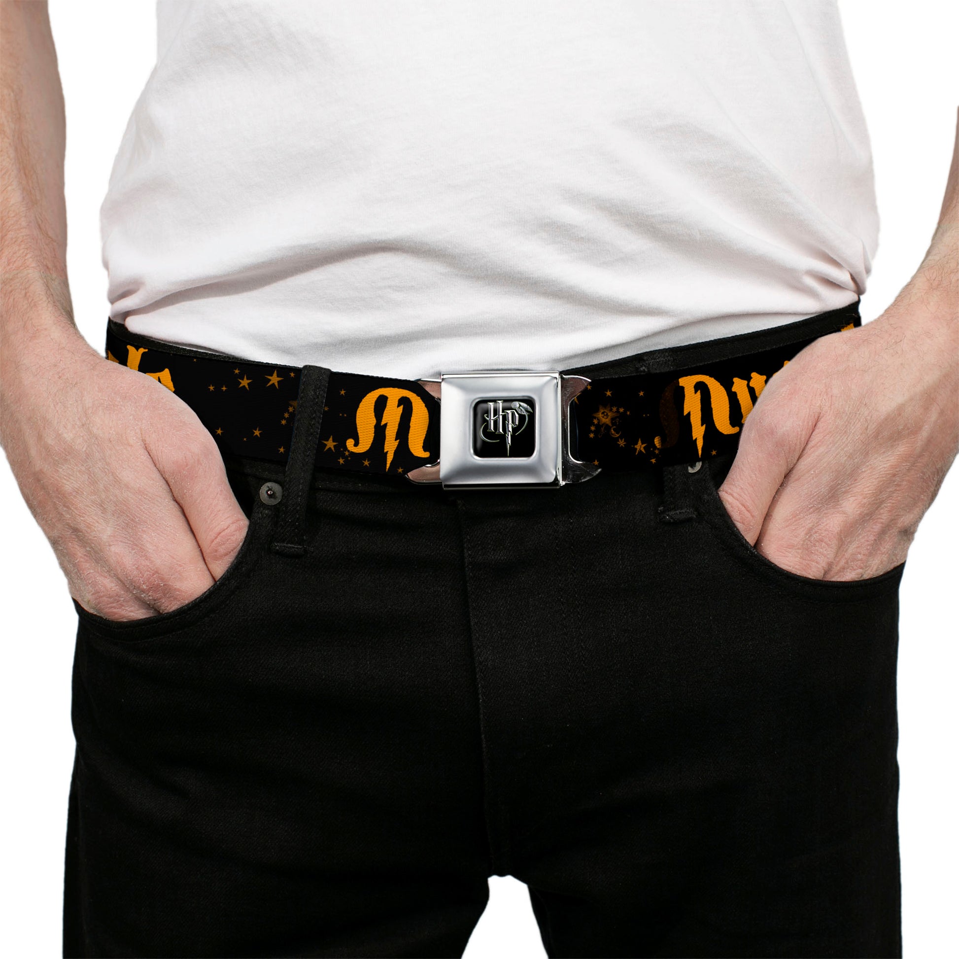 Harry Potter Logo Full Color Black/White Seatbelt Belt - MUGGLE/Stars Black/Gold Webbing Seatbelt Belts Harry Potter