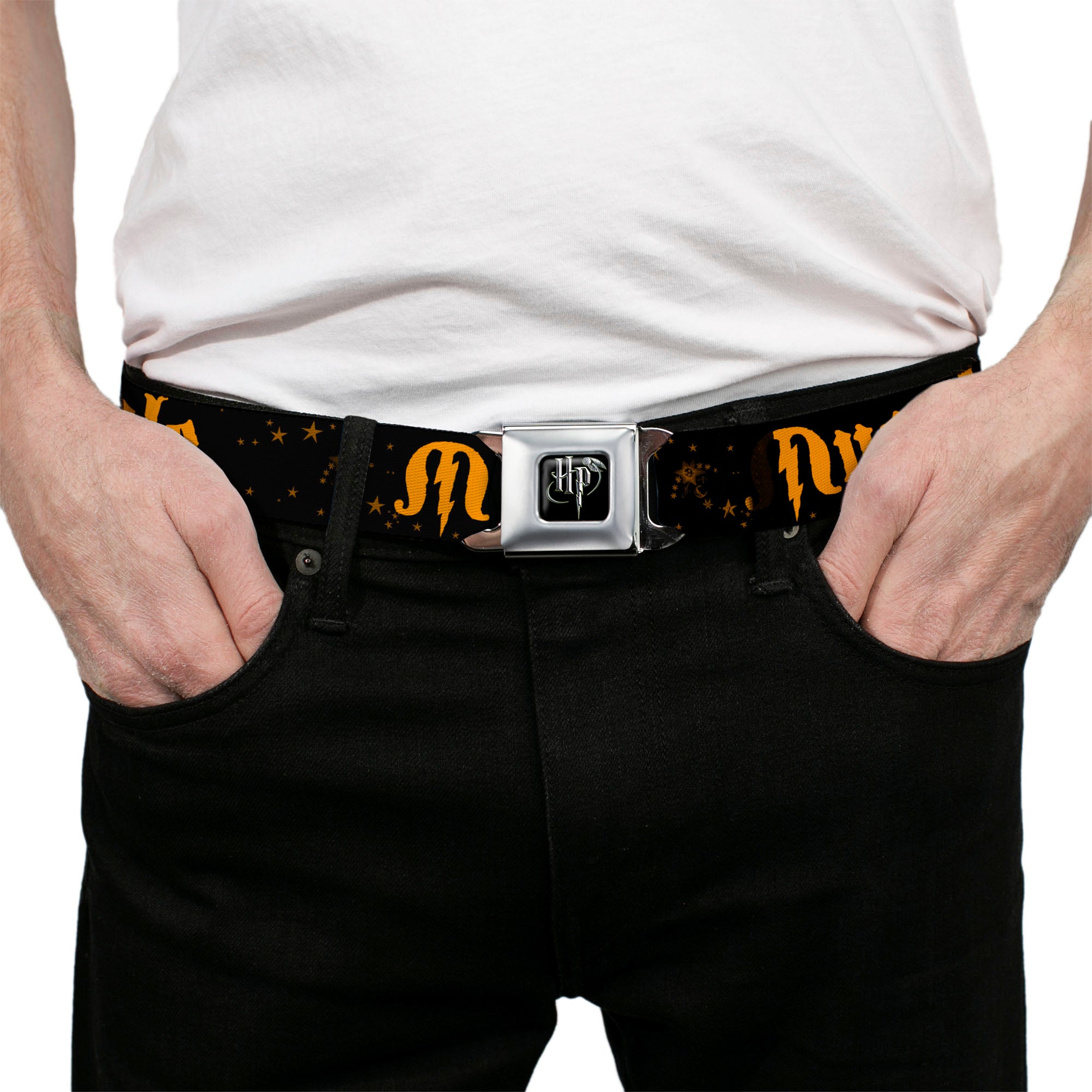 Harry Potter Logo Full Color Black/White Seatbelt Belt - MUGGLE/Stars Black/Gold Webbing Seatbelt Belts Harry Potter