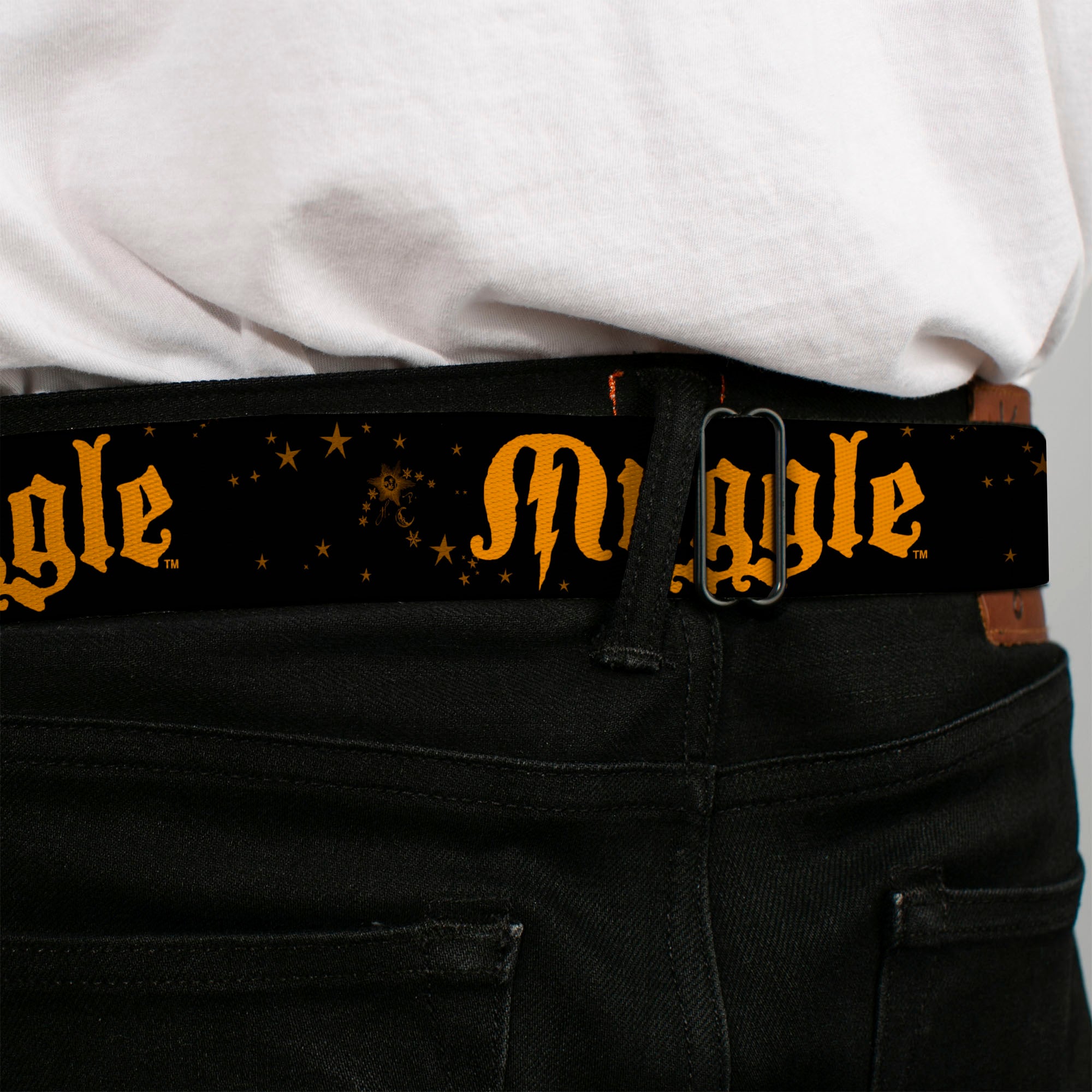 Harry Potter Logo Full Color Black/White Seatbelt Belt - MUGGLE/Stars Black/Gold Webbing Seatbelt Belts Harry Potter