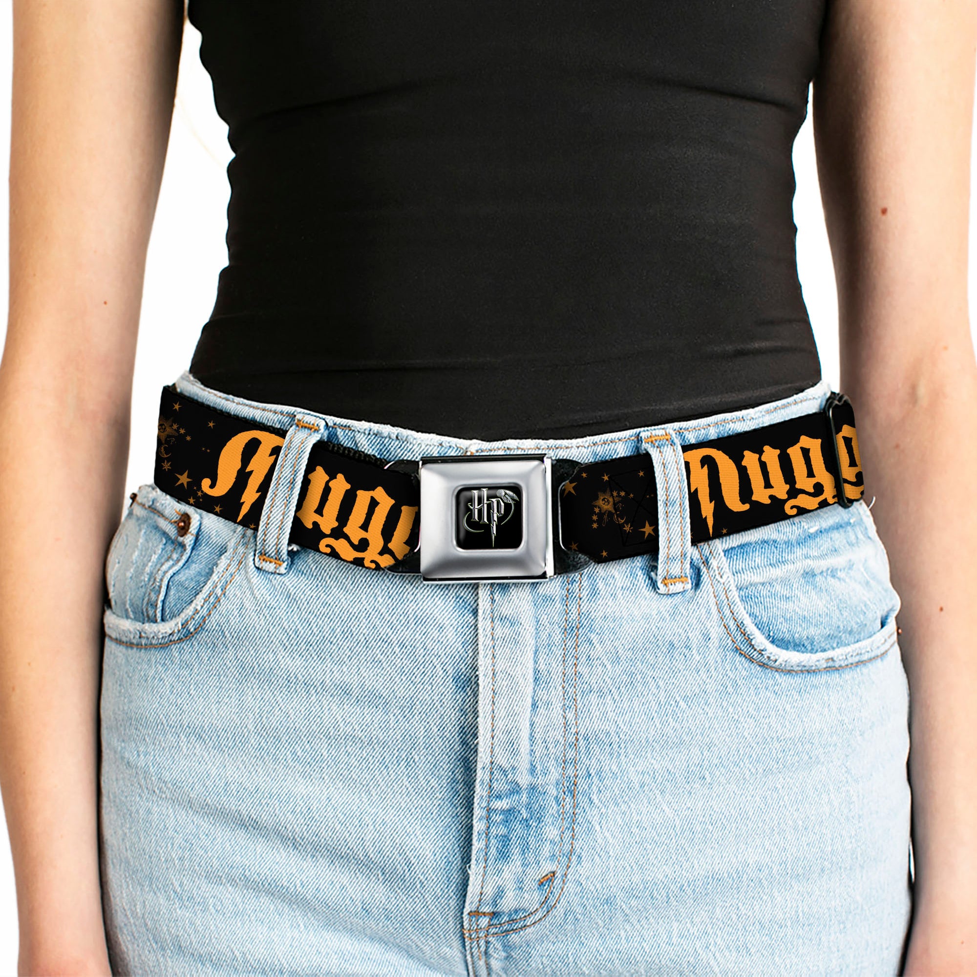 Harry Potter Logo Full Color Black/White Seatbelt Belt - MUGGLE/Stars Black/Gold Webbing Seatbelt Belts Harry Potter