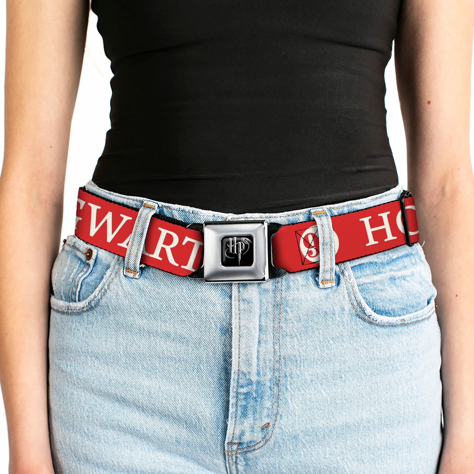 Harry Potter Logo Full Color Black/White Seatbelt Belt - HOGWARTS EXPRESS 9¾ Red/White Webbing Seatbelt Belts Harry Potter