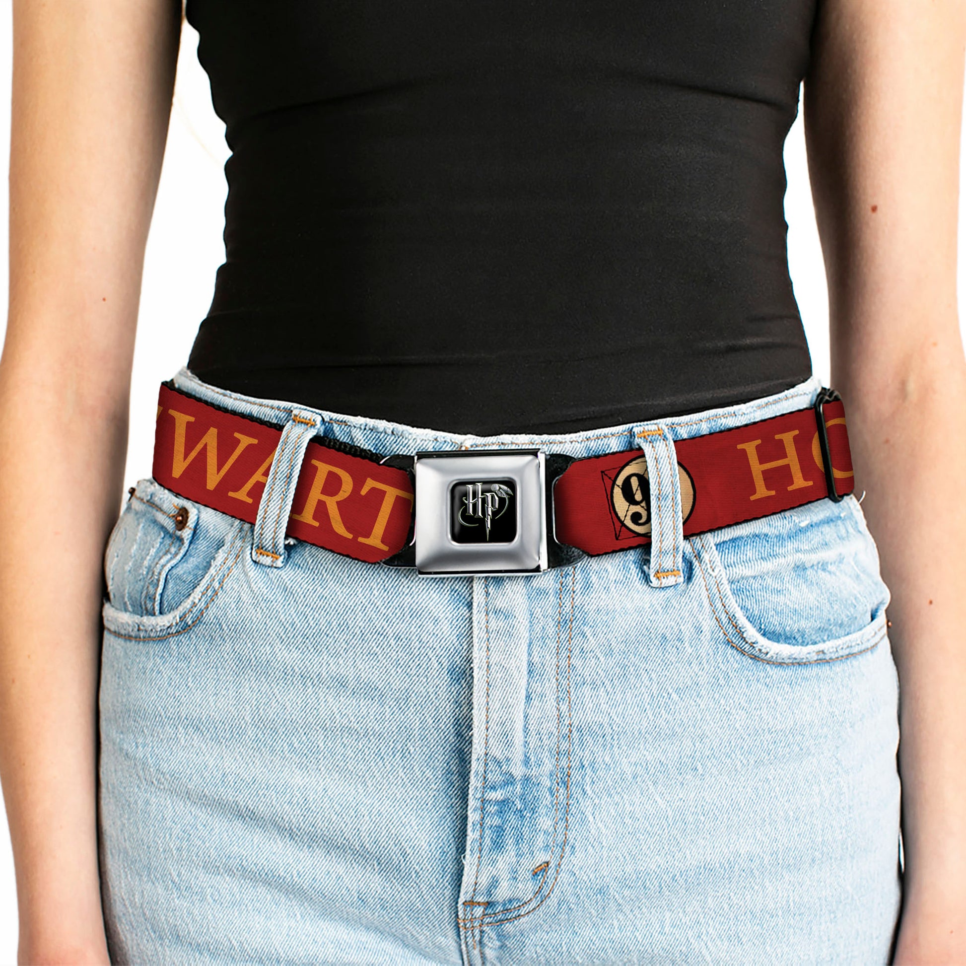 Harry Potter Logo Full Color Black/White Seatbelt Belt - HOGWARTS EXPRESS 9¾ Burgundy/Gold Webbing Seatbelt Belts Harry Potter