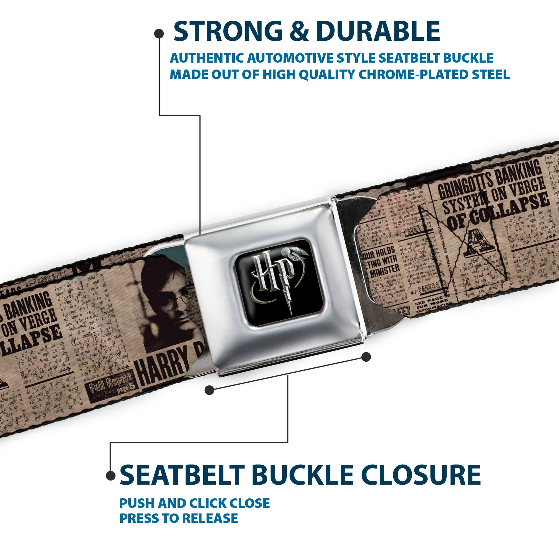 Harry Potter Logo Full Color Black/White Seatbelt Belt - Harry Potter Newspaper Headlines Webbing Seatbelt Belts Harry Potter