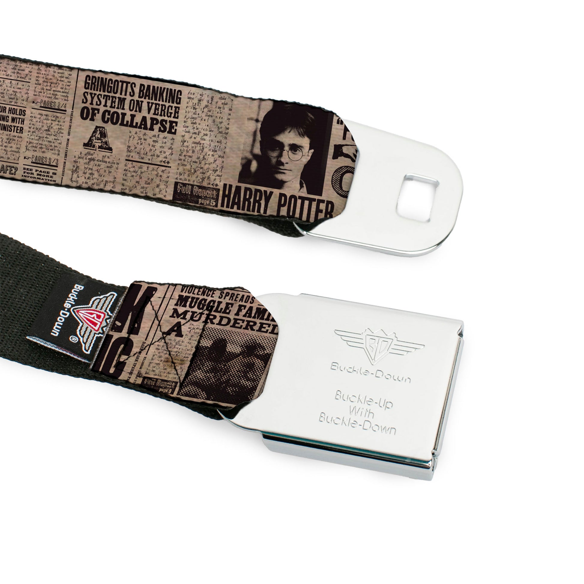 Harry Potter Logo Full Color Black/White Seatbelt Belt - Harry Potter Newspaper Headlines Webbing Seatbelt Belts Harry Potter