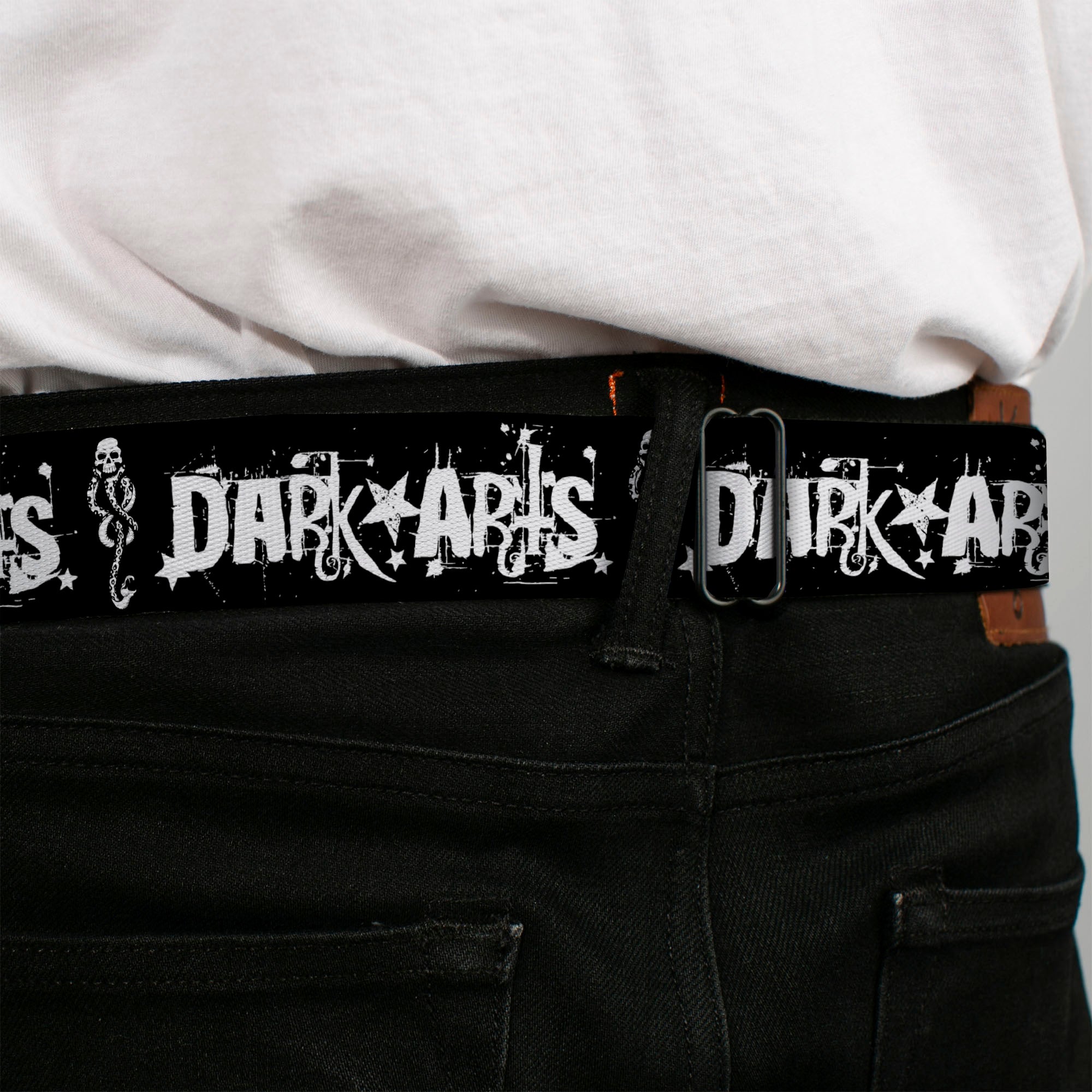Harry Potter Logo Full Color Black/White Seatbelt Belt - DARK ARTS/Death Mark Splatter Black/White Webbing Seatbelt Belts Harry Potter