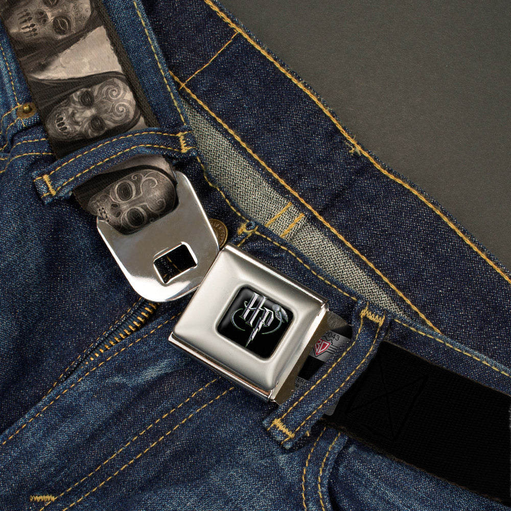 Harry Potter Logo Full Color Black/White Seatbelt Belt - Harry Potter Death Eater Masks Grays Webbing Seatbelt Belts Harry Potter