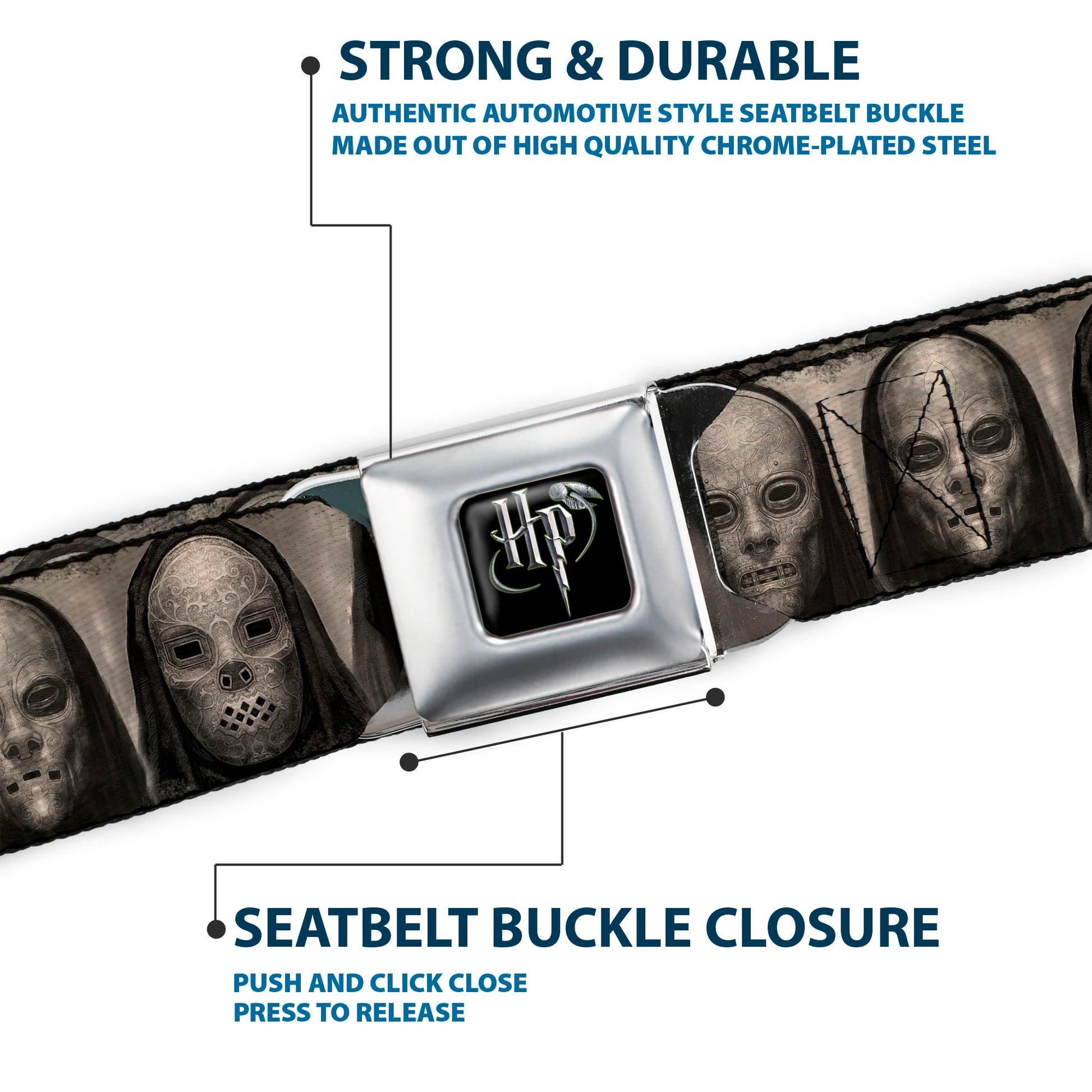Harry Potter Logo Full Color Black/White Seatbelt Belt - Harry Potter Death Eater Masks Grays Webbing Seatbelt Belts Harry Potter