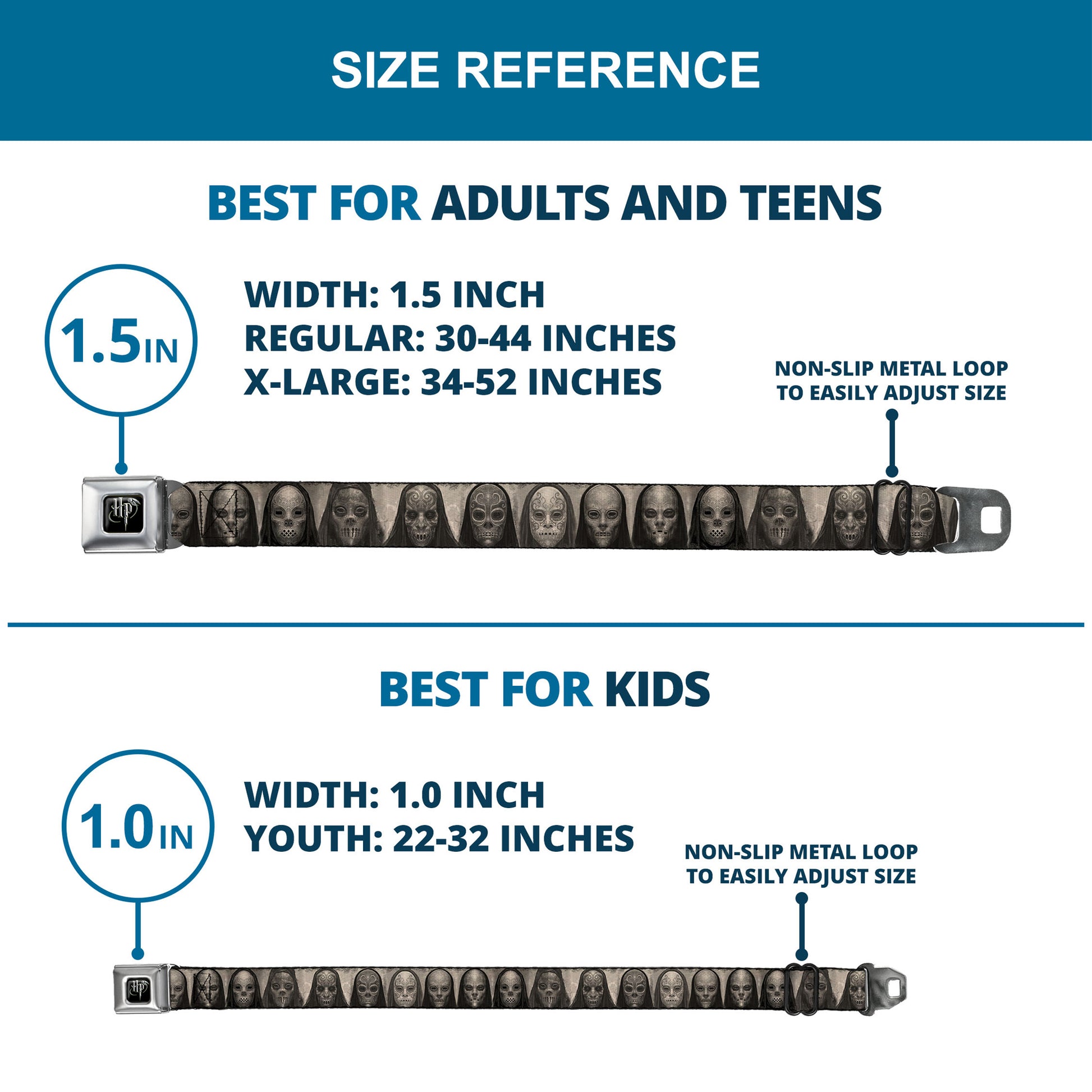 Harry Potter Logo Full Color Black/White Seatbelt Belt - Harry Potter Death Eater Masks Grays Webbing Seatbelt Belts Harry Potter