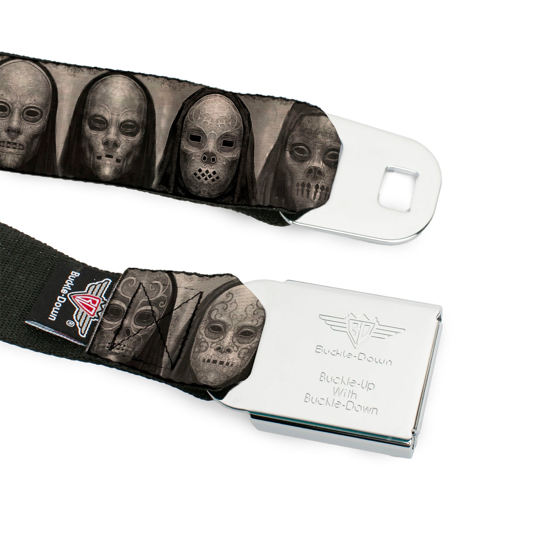 Harry Potter Logo Full Color Black/White Seatbelt Belt - Harry Potter Death Eater Masks Grays Webbing Seatbelt Belts Harry Potter